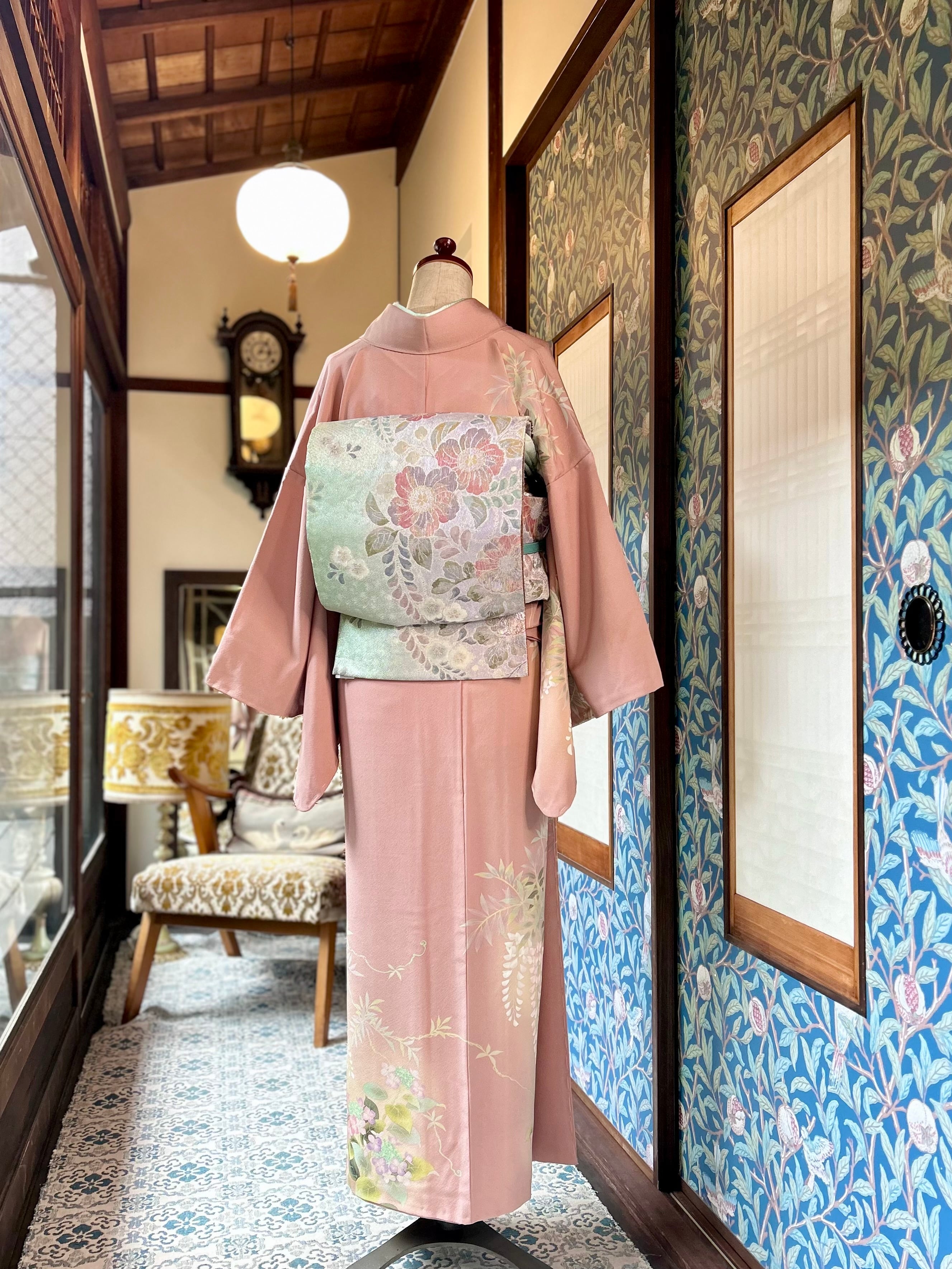 藤と紫陽花＊未使用 くすみピンク 訪問着 礼装 結婚式参列 A655