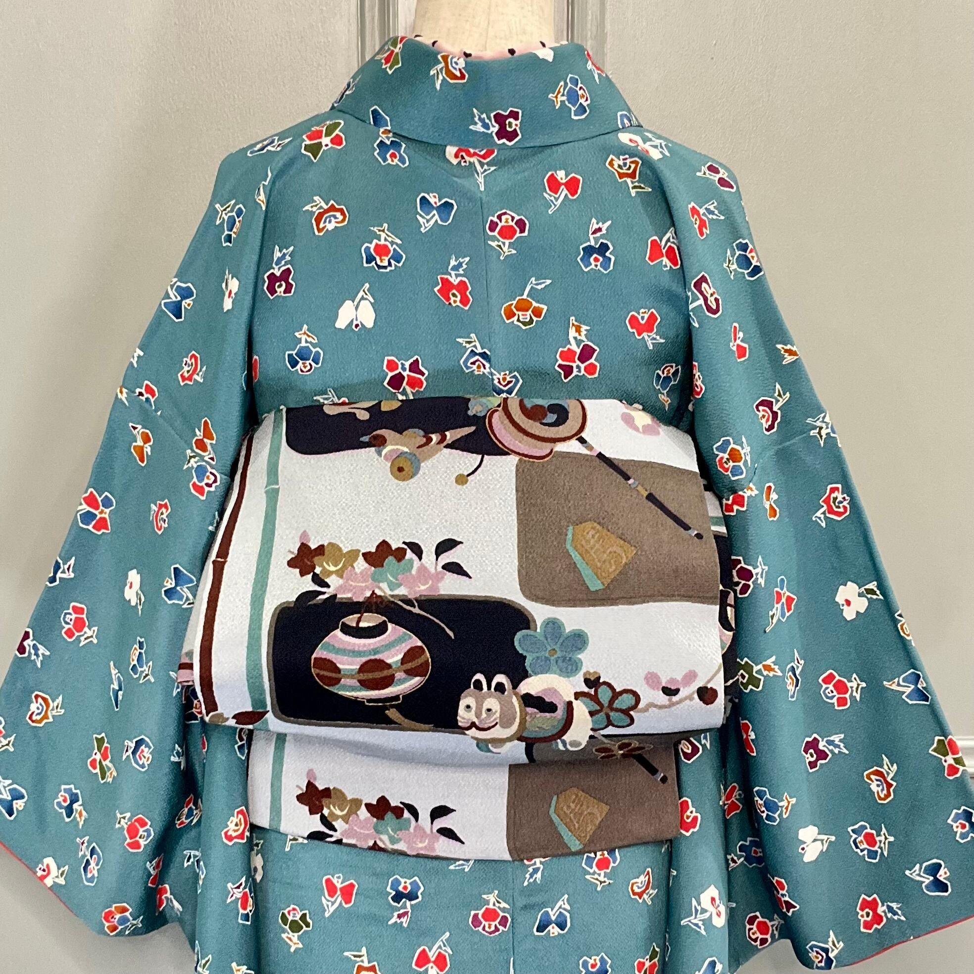 おもちゃ箱＊こま 鞠 羽子板 太鼓 縮緬 名古屋帯 A901 | kimono tento