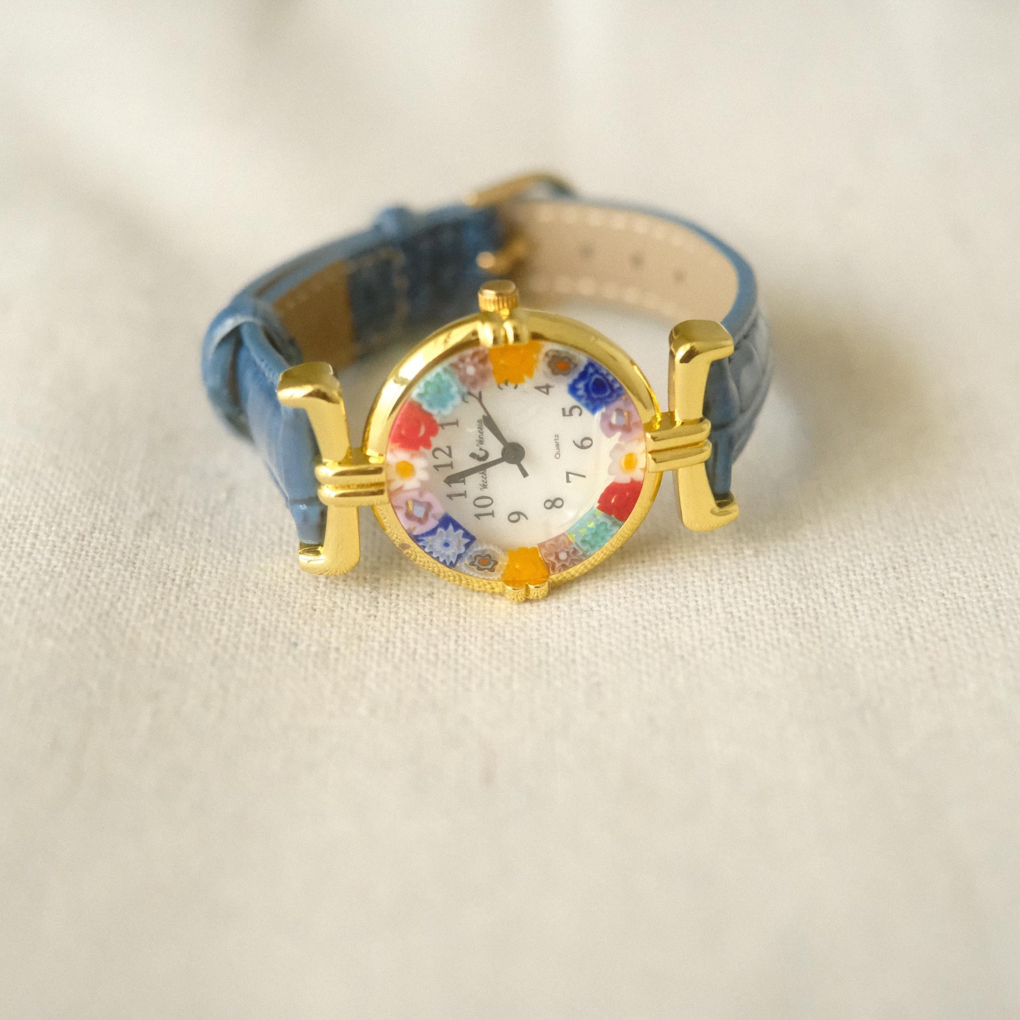 Murano Millefiori Watch With Leather Band - Navy | flemington