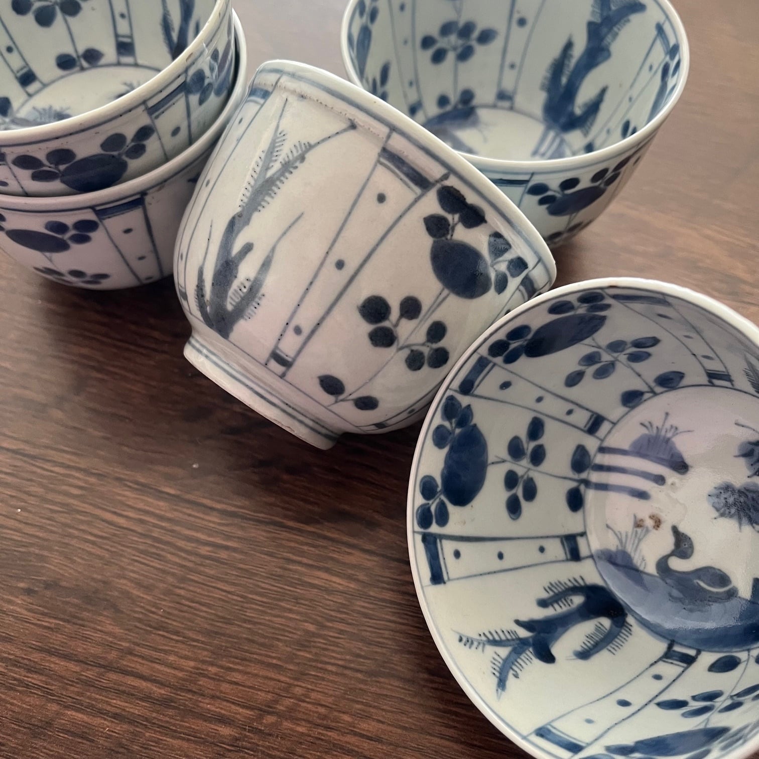 中国明時代 古染付芙蓉手鉢5客 木箱付 口径約13㎝ 東Y8-0128☆2F