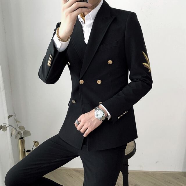 予約販売】メンズ セットアップ スーツ 無地 刺繍 シック スリム