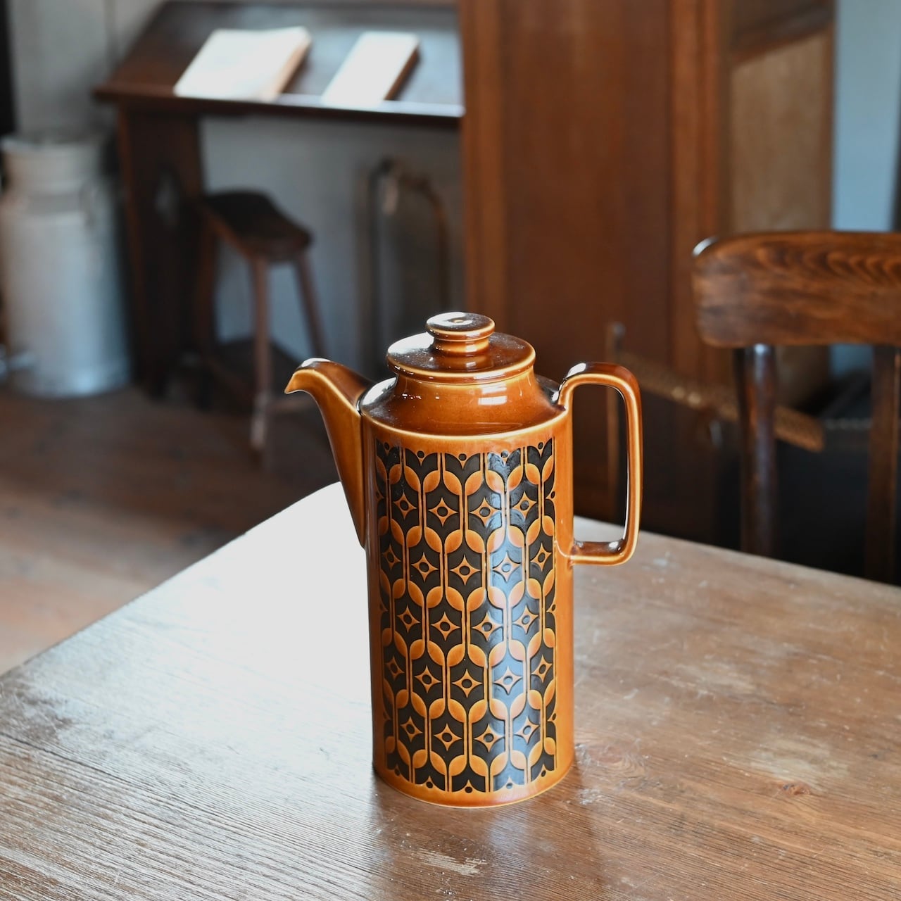 フランスアンティークホーロー秋色茶色グラデーションフクシア柄