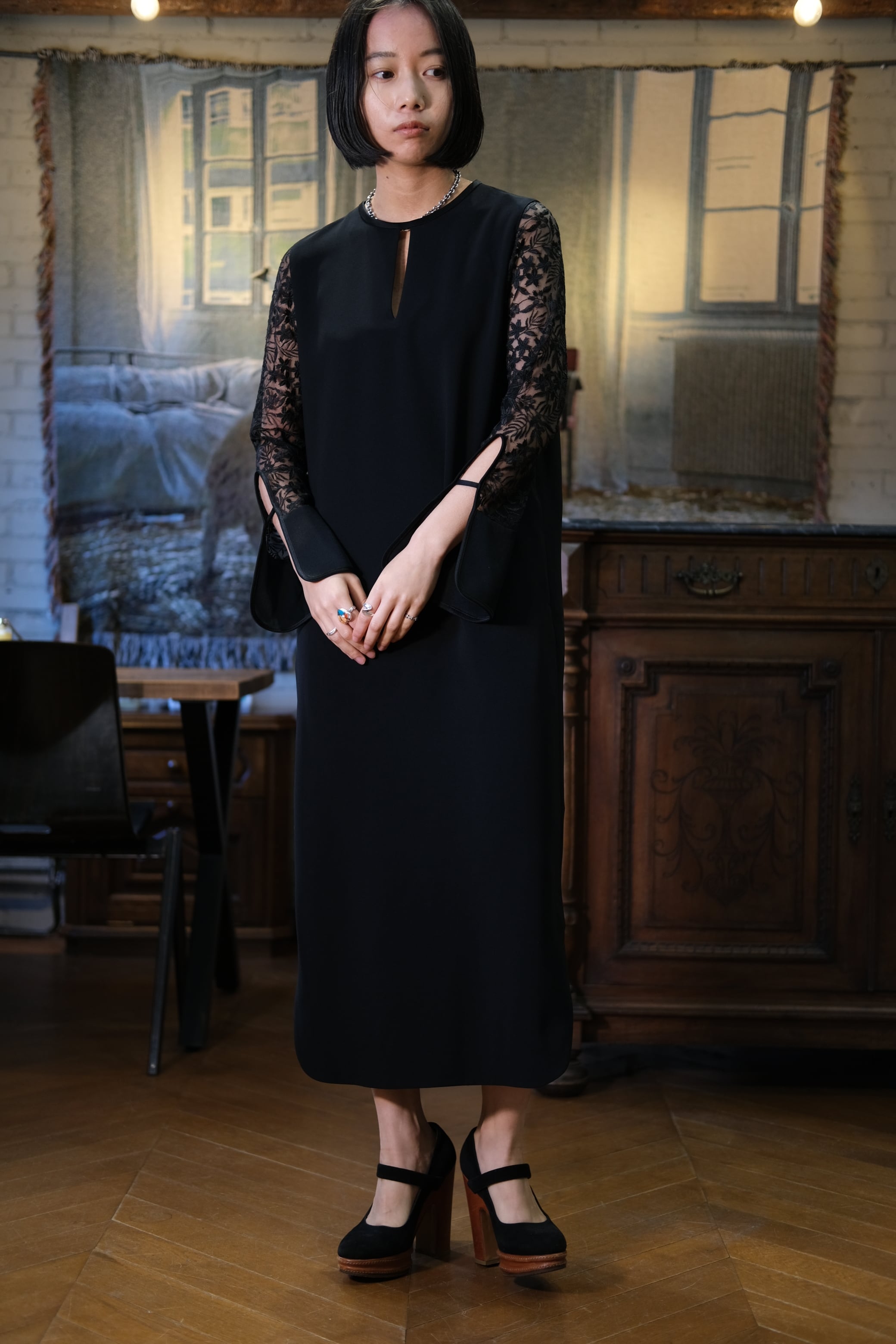 Mame Kurogouchi】Floral Lace Sleeve Dress - black | loop