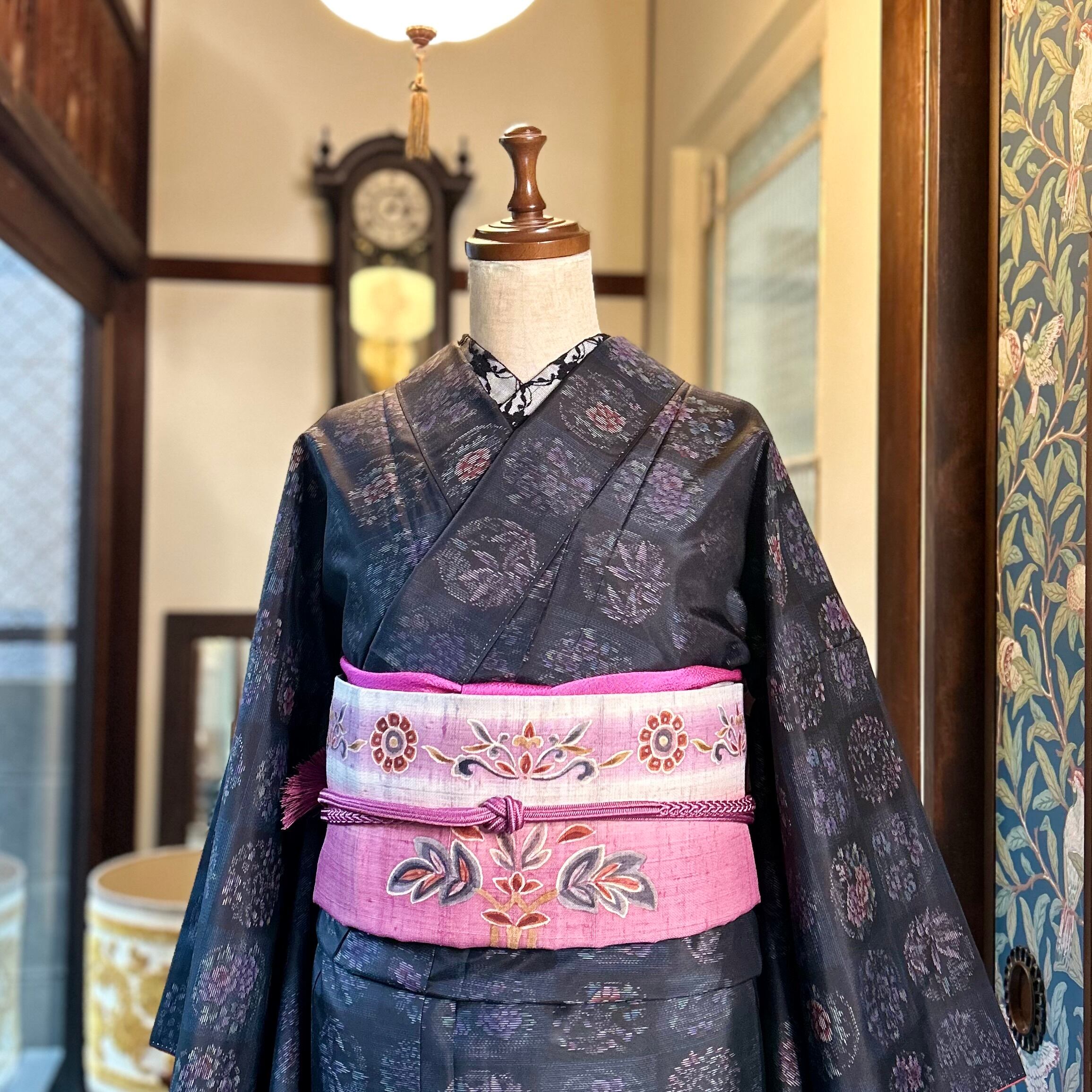 tall＊薄明かりに包まれて＊格子 花丸 ブラック 大島紬着物 A827