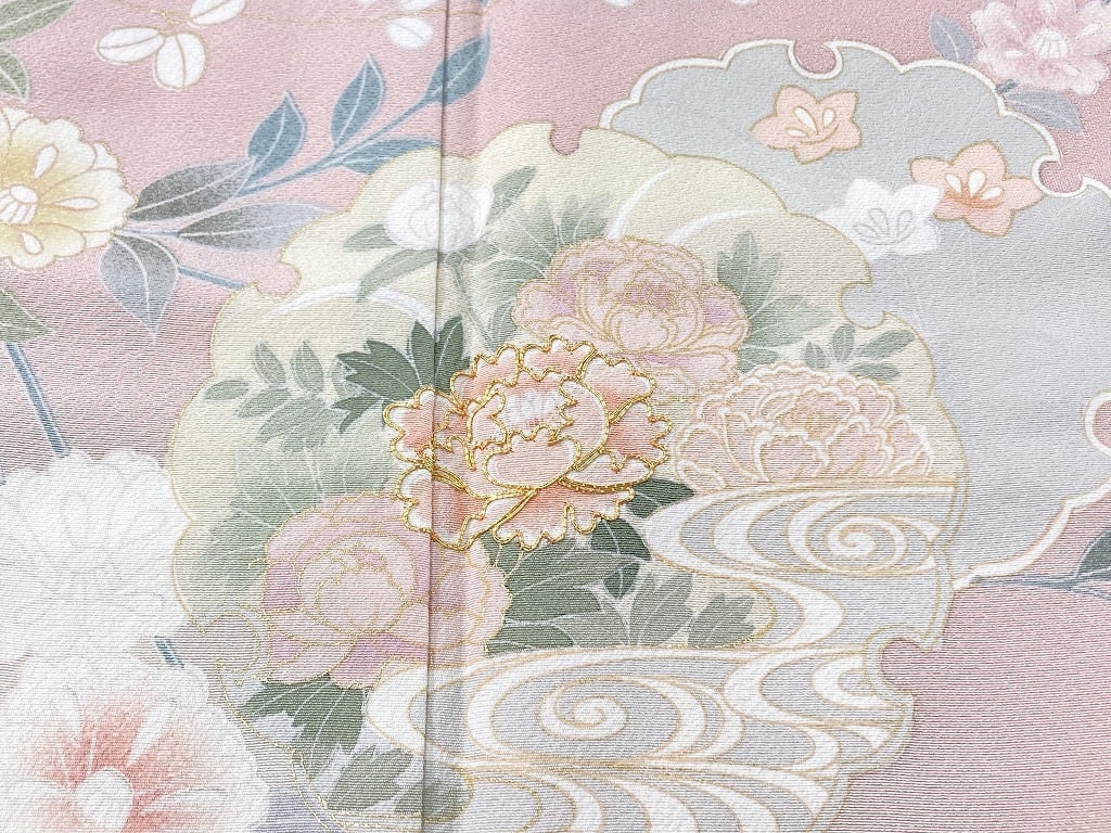 未使用 京友禅 金駒刺繍 雪輪 花柄 金彩 訪問着 正絹 ピンク 黄色 聴色