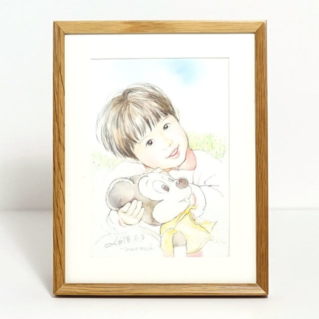 優しい似顔絵(1名) おしゃれで洗練された木製フレーム入り(縦)-送料