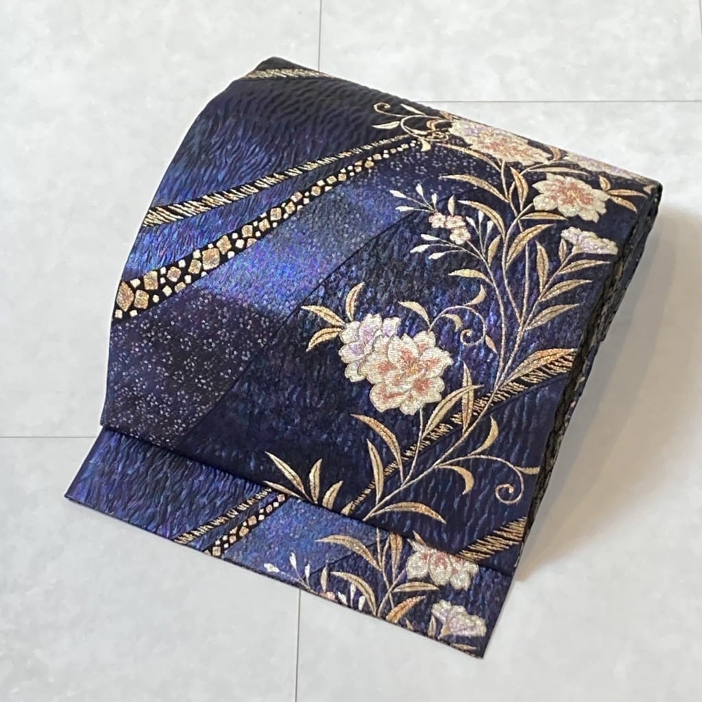 未使用 膨れ織り 唐織り唐花 正絹 金糸 袋帯 紺 紫 614 | kimono Re:和