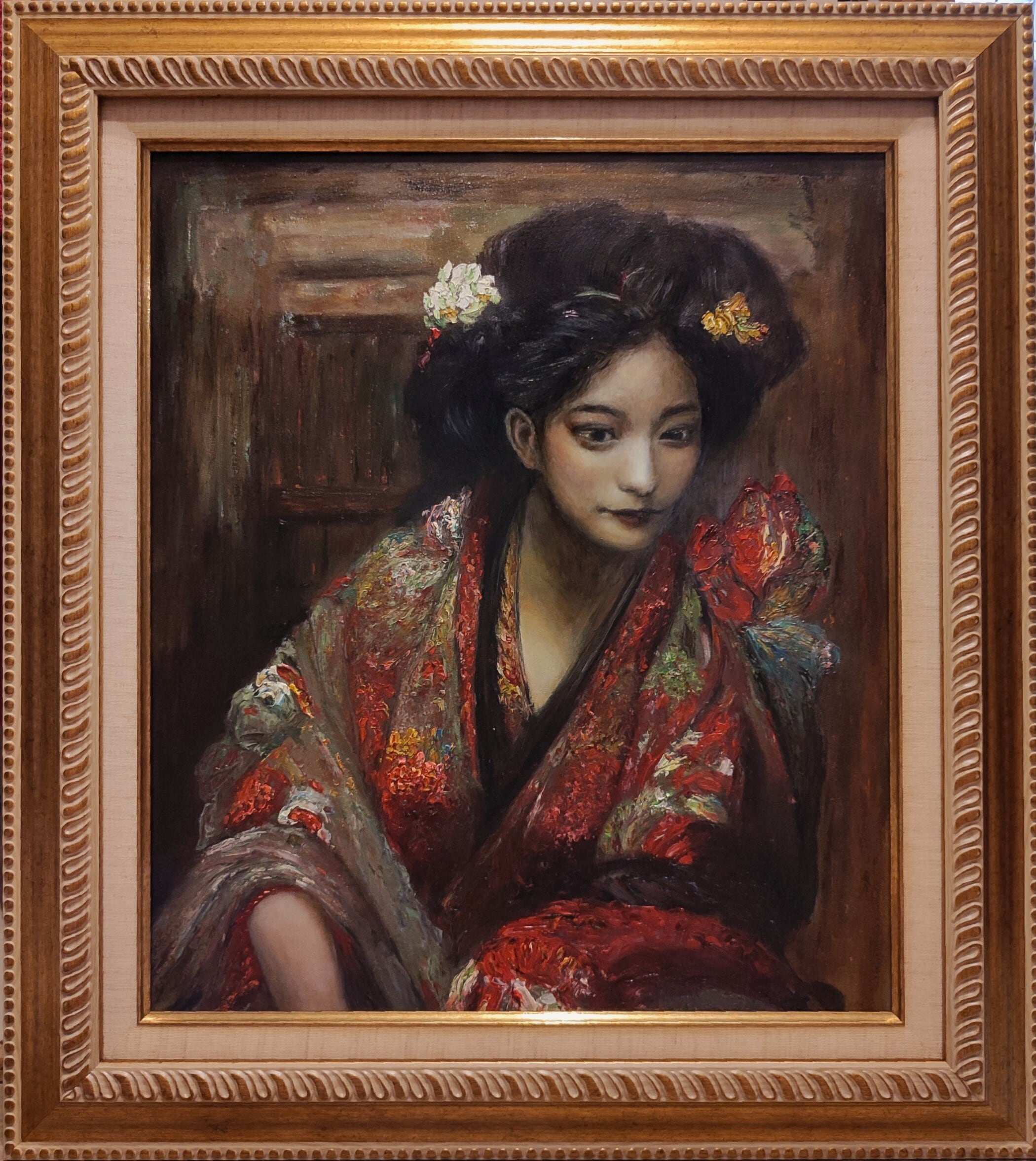 油絵 絵 絵画インテリア 額付(青緑＋金色の枠) F6-080114 人物 女性