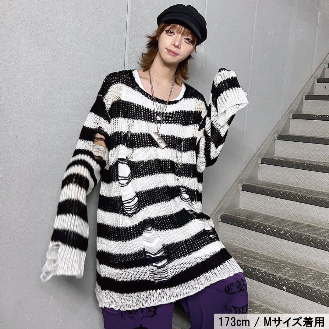 PIN付きダメージニット(ボーダー) | VOLCAN&APHRODITE