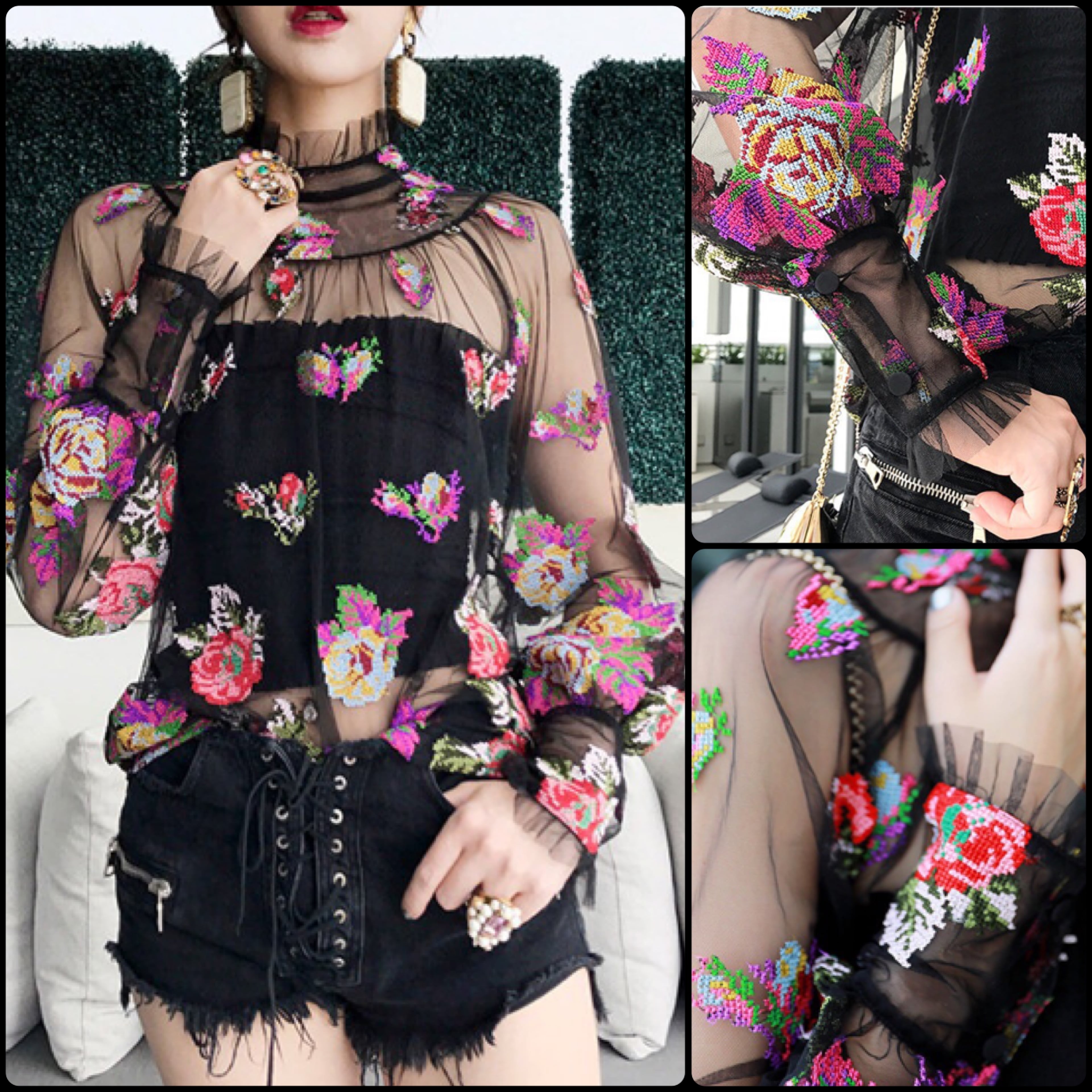 トップス 刺繍 花柄 ブラック ブラウス XS シースルー フラワー