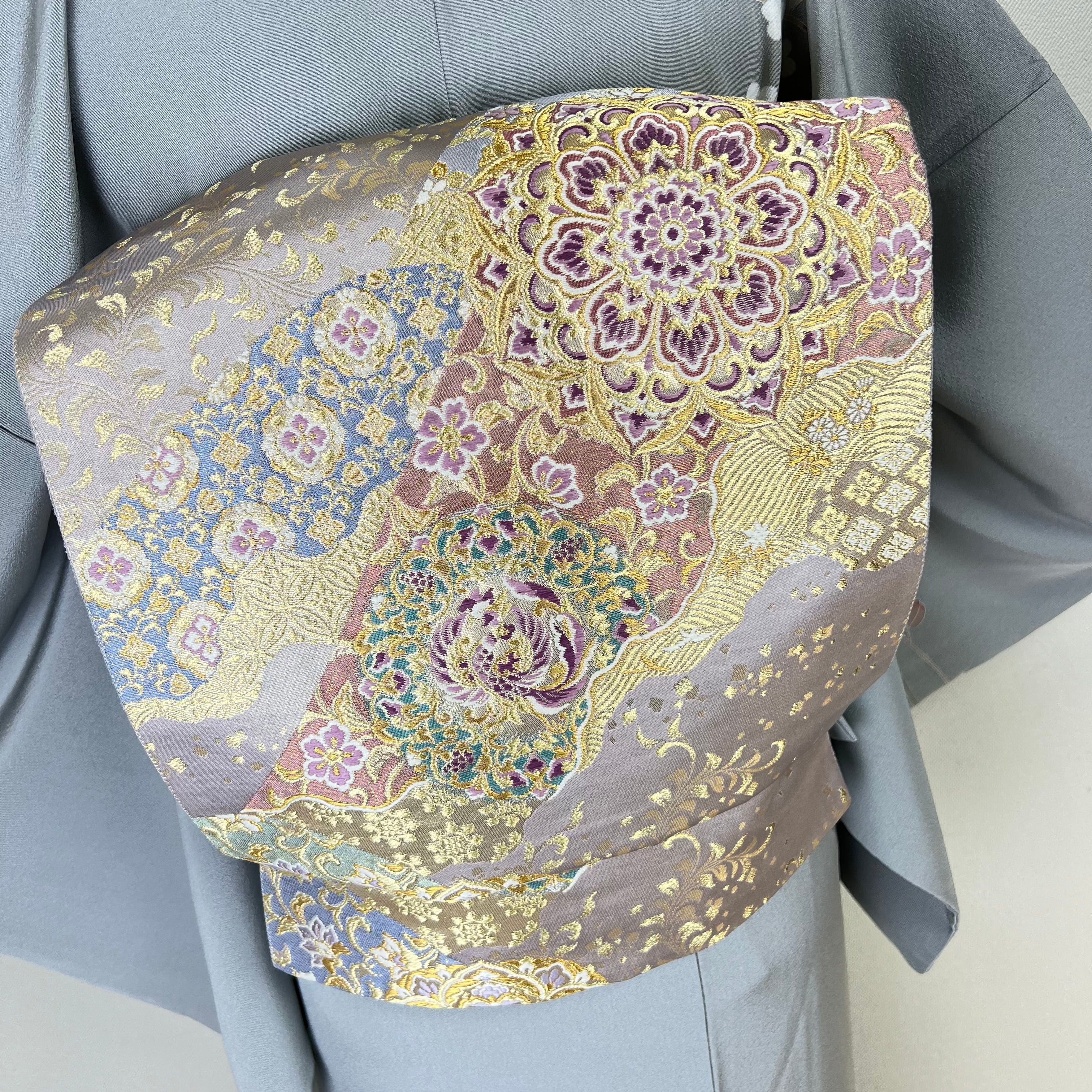 美品 西陣織織【じゅらく謹製】帝王紫 落款 正絹 袋帯s752 | 着物 夢美月