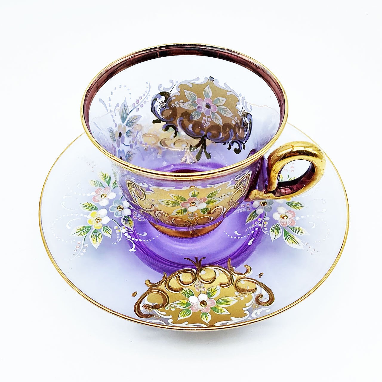 ベネチアングラス ムラノ イタリア カップ＆ソーサー ラベンダー 金彩