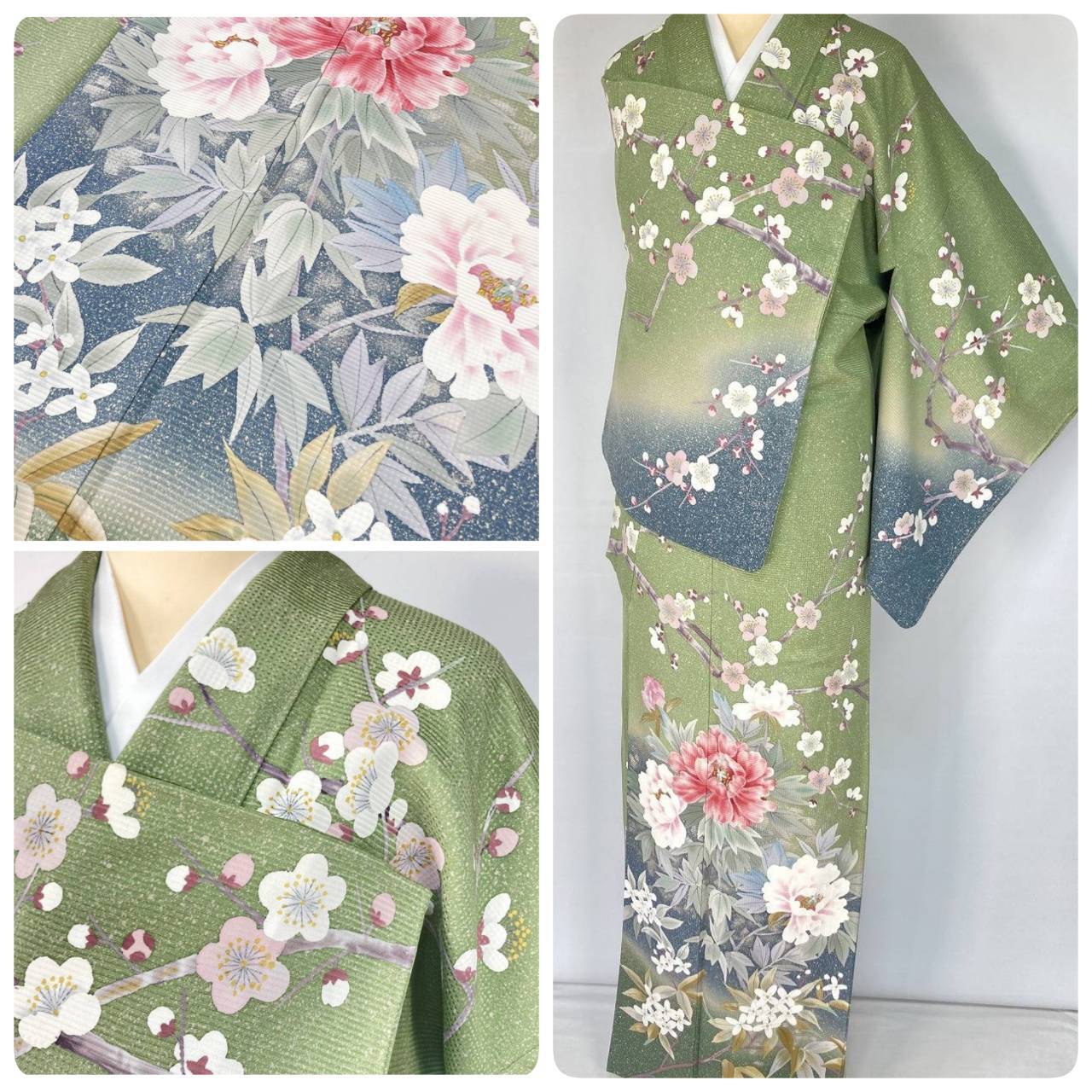 単衣】結城紬 奥順 100亀甲 証紙 萩 竹 小紋 袷 正絹 グレー 1346