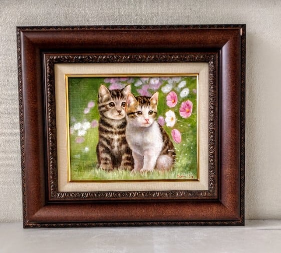 油絵菅家令子絵 絵画インテリア額付(青緑＋金色の枠)F4-072319子犬