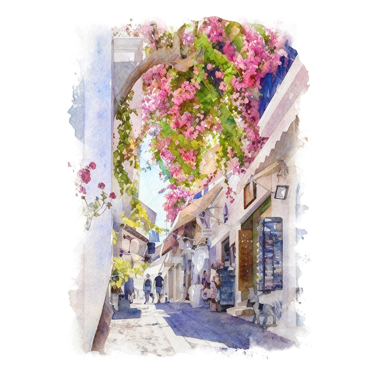 絵画 風景画(街並み) ギリシャ サントリーニ島 インテリアアート額付き