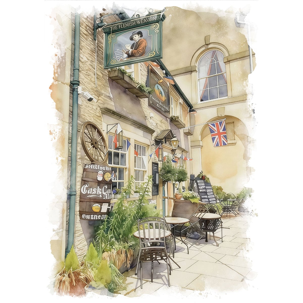 絵画 イギリス 風景画(街並み) コッツウォルズ コーシャムにあるパブ