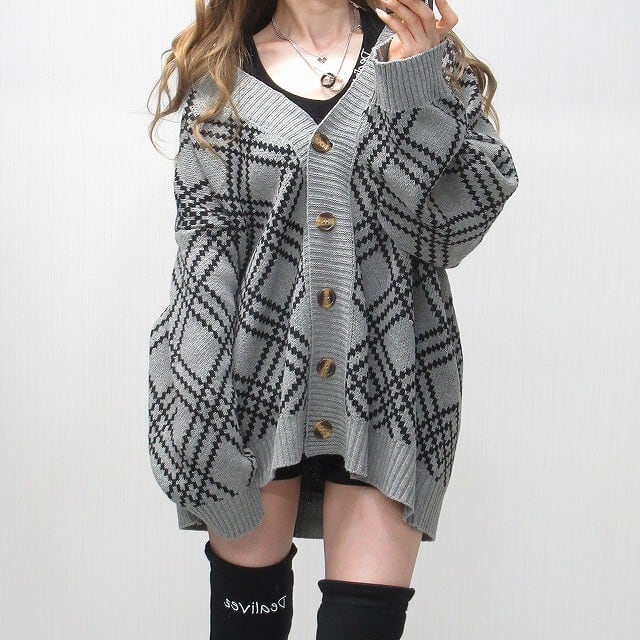 TRAVAS TOKYO チェック柄カーディガン グレー ジャカードニット TRAVAS