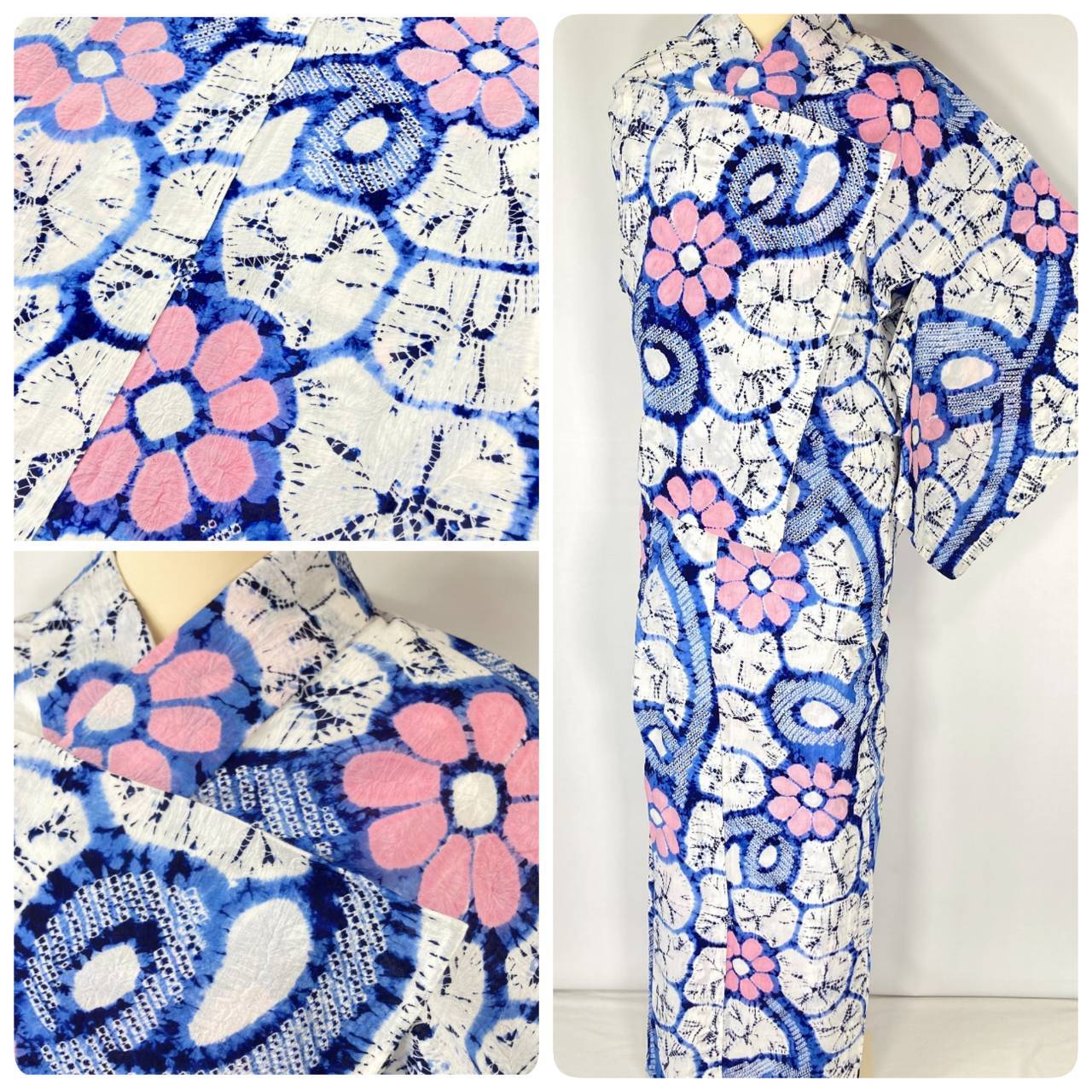 有松絞り【浴衣】花 夏着物 綿 有松鳴海絞り 白 水色 ピンク 102