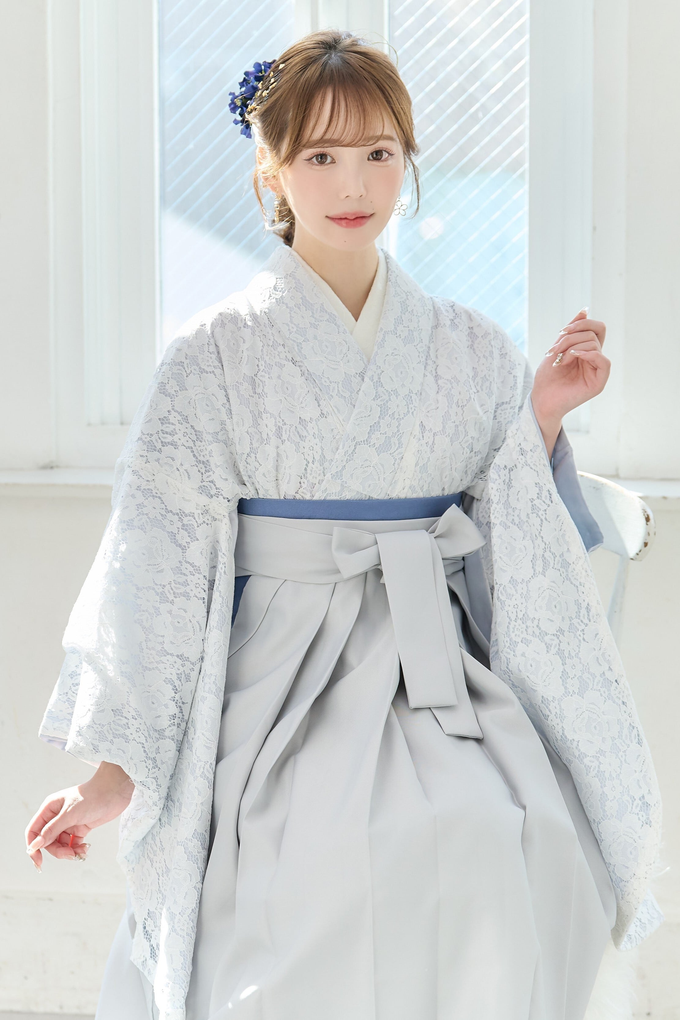 袴4点SETはんなりレース重ね(水色地ホワイト)卒業式用袴⑱-LGR