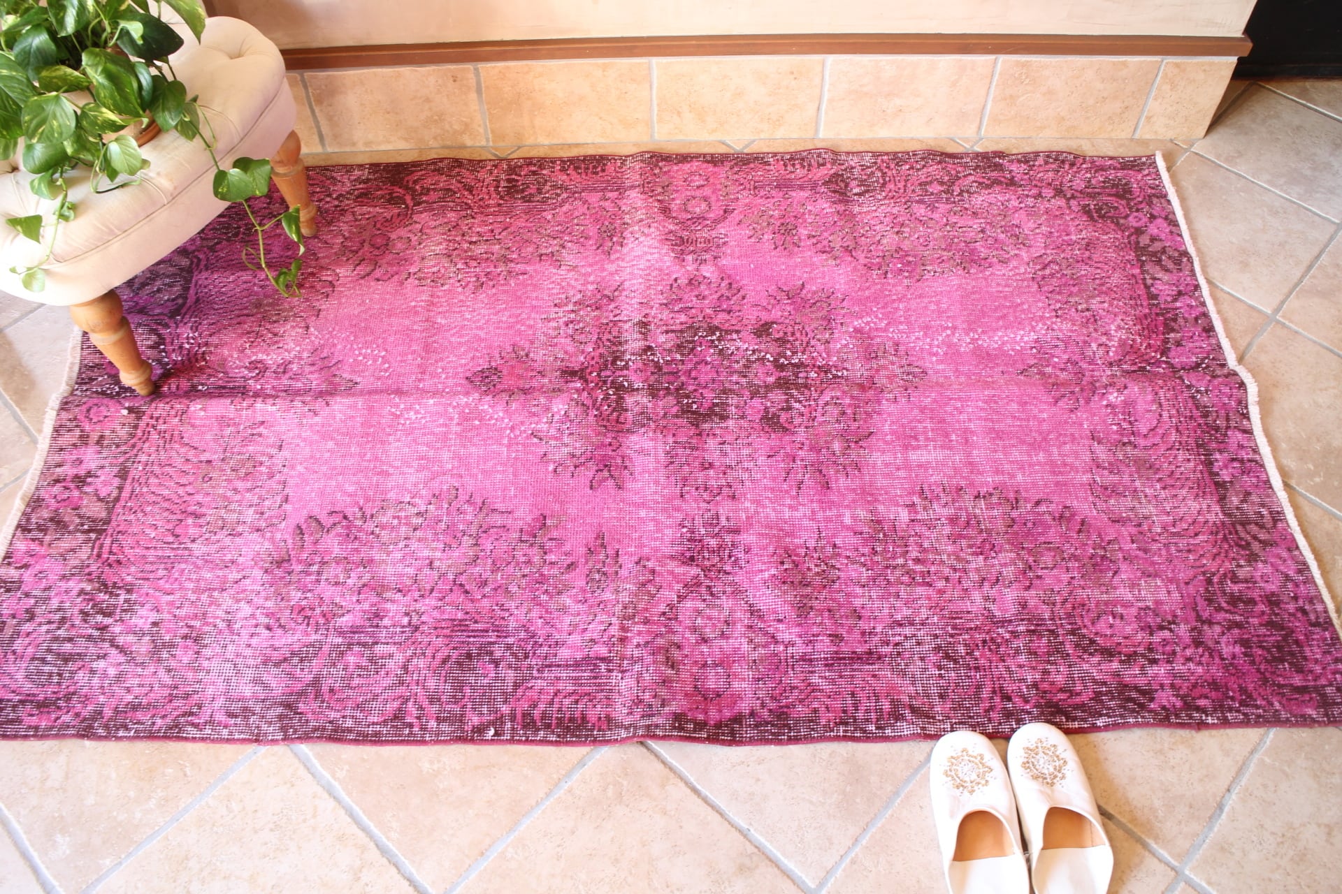 ペールピンク トルコヴィンテージラグ 215×116 メダリオン