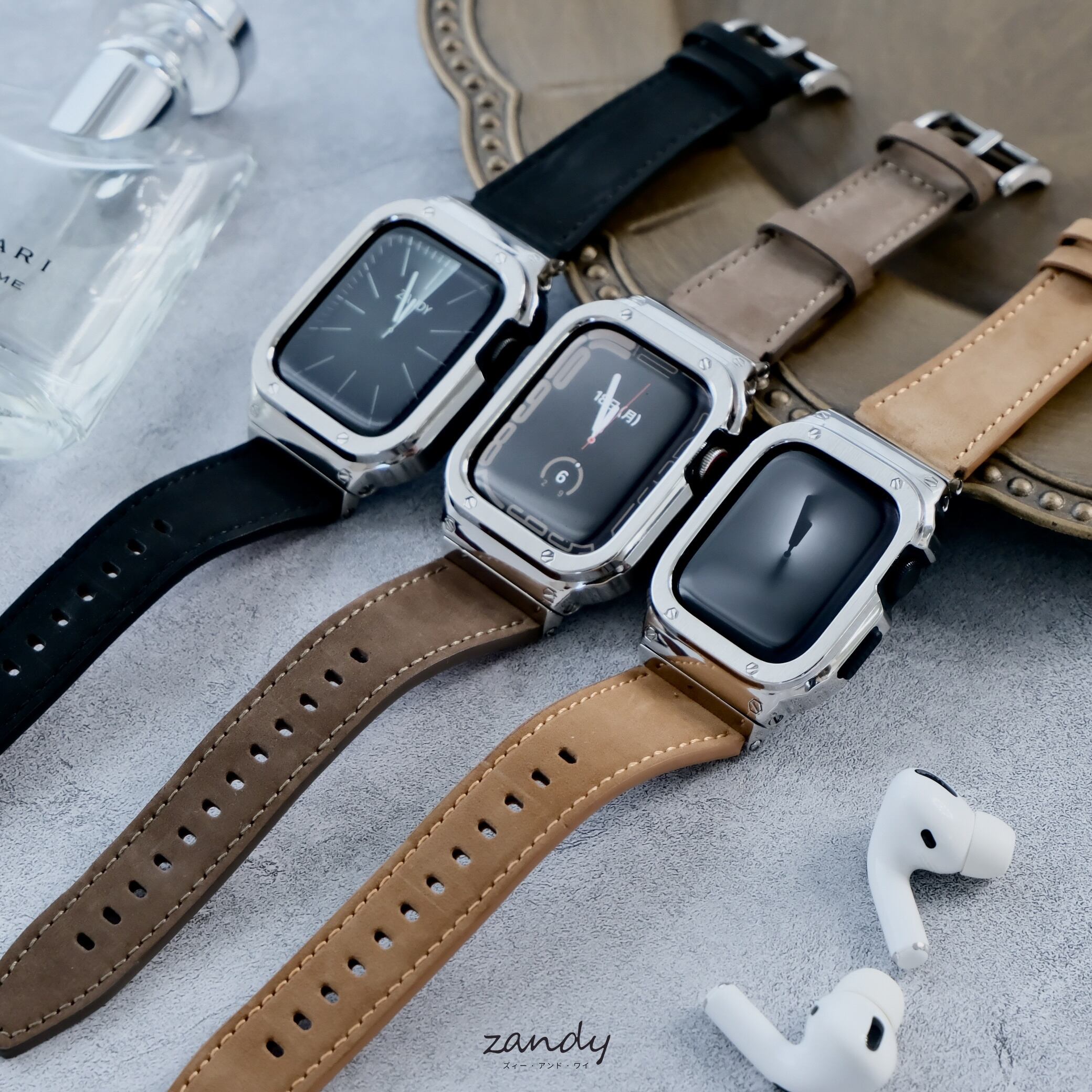 シルバーステンレス&レザー一体式バンド】A003 ステンレスケース+