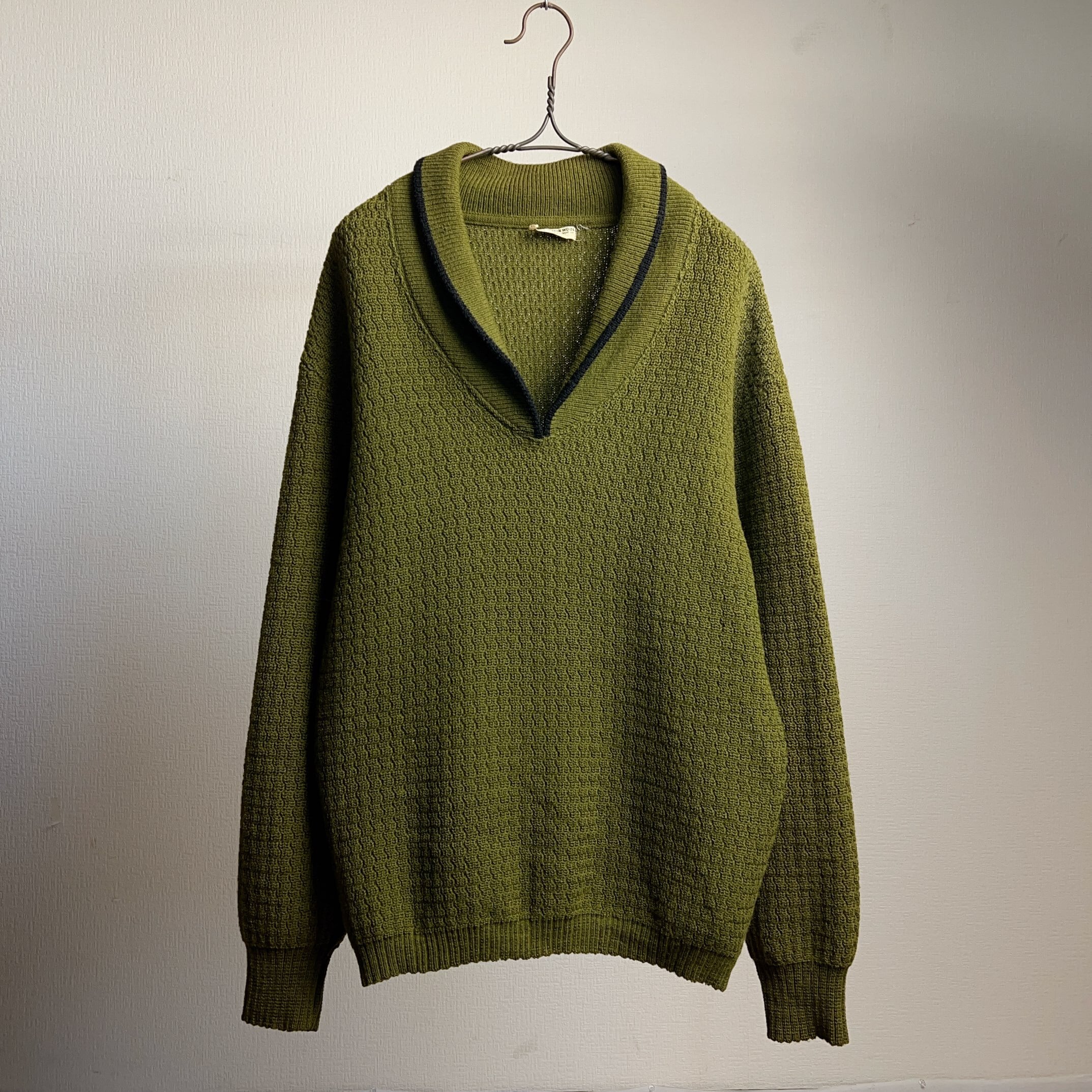1960's~ ショールカラー ニットセーター オリーブグリーン SIZE XL