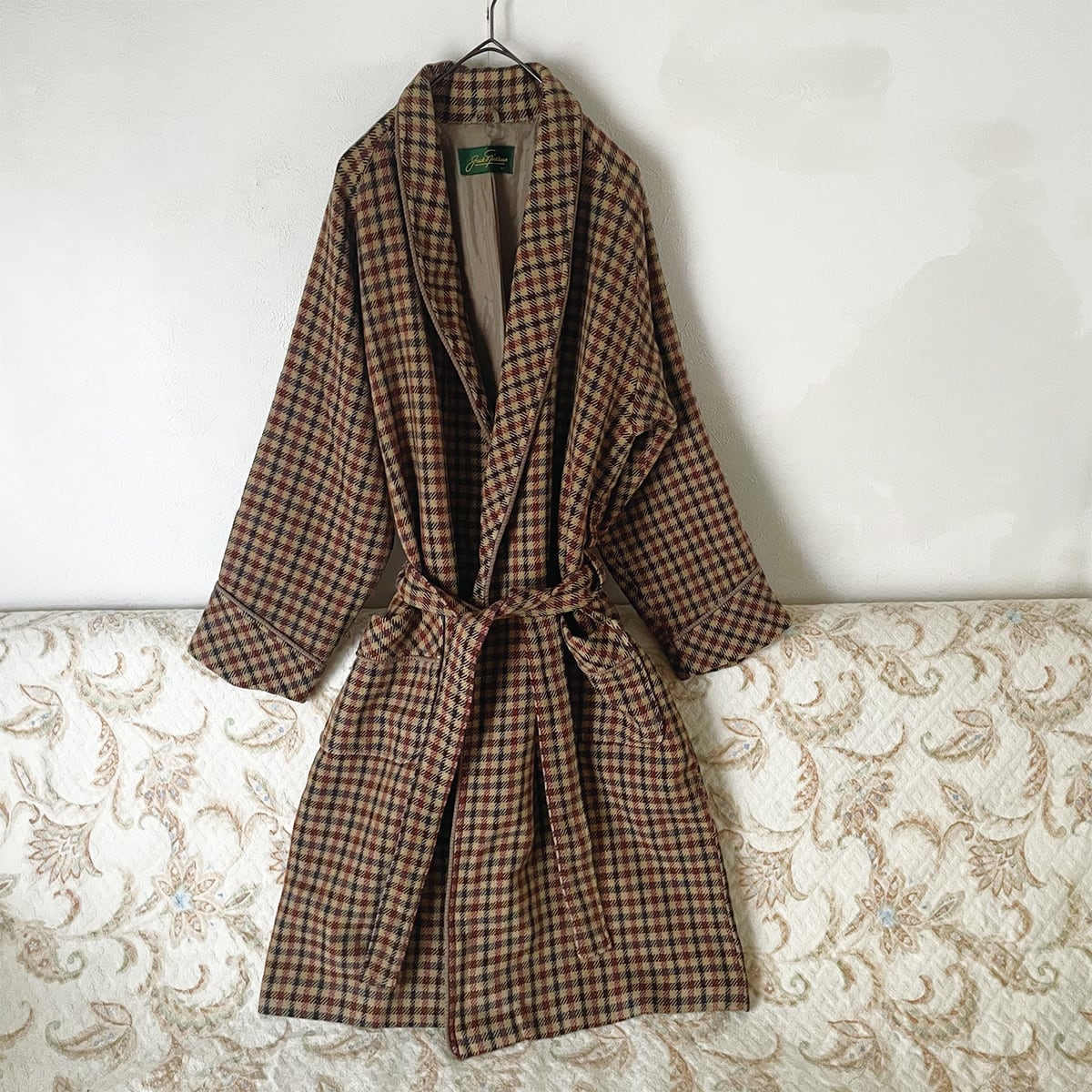 70s チェック柄 ウール ガウンコート 昭和レトロヴィンテージ古着
