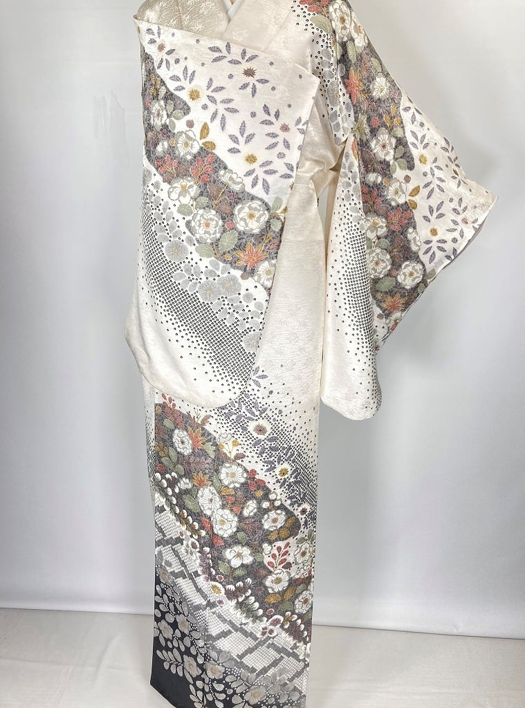 辻が花 染め分け 金彩 鹿の子絞り柄 訪問着 正絹 白 黒 紫 クリーム