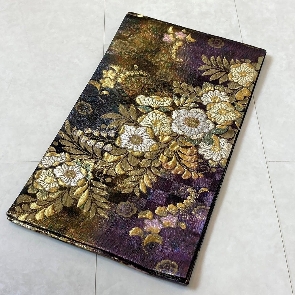 辻が花 纐纈 膨れ織り 正絹 金糸 袋帯 ゴールド 紫 黒 468 | kimono Re