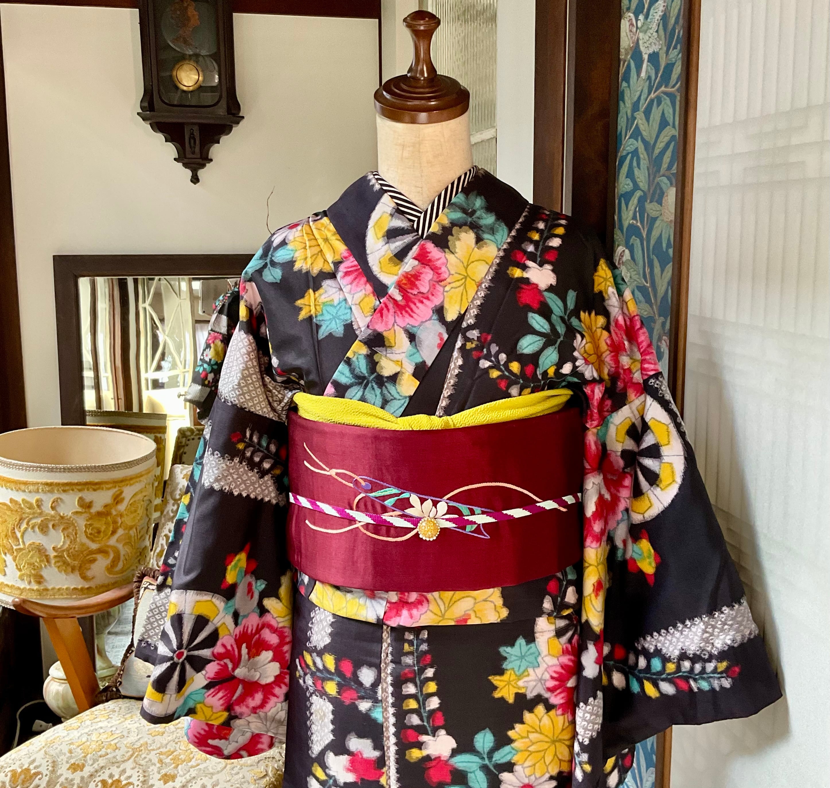 花ぐるま＊銘仙 藤 菊 花車 アンティーク銘仙着物 A406 | kimono tento