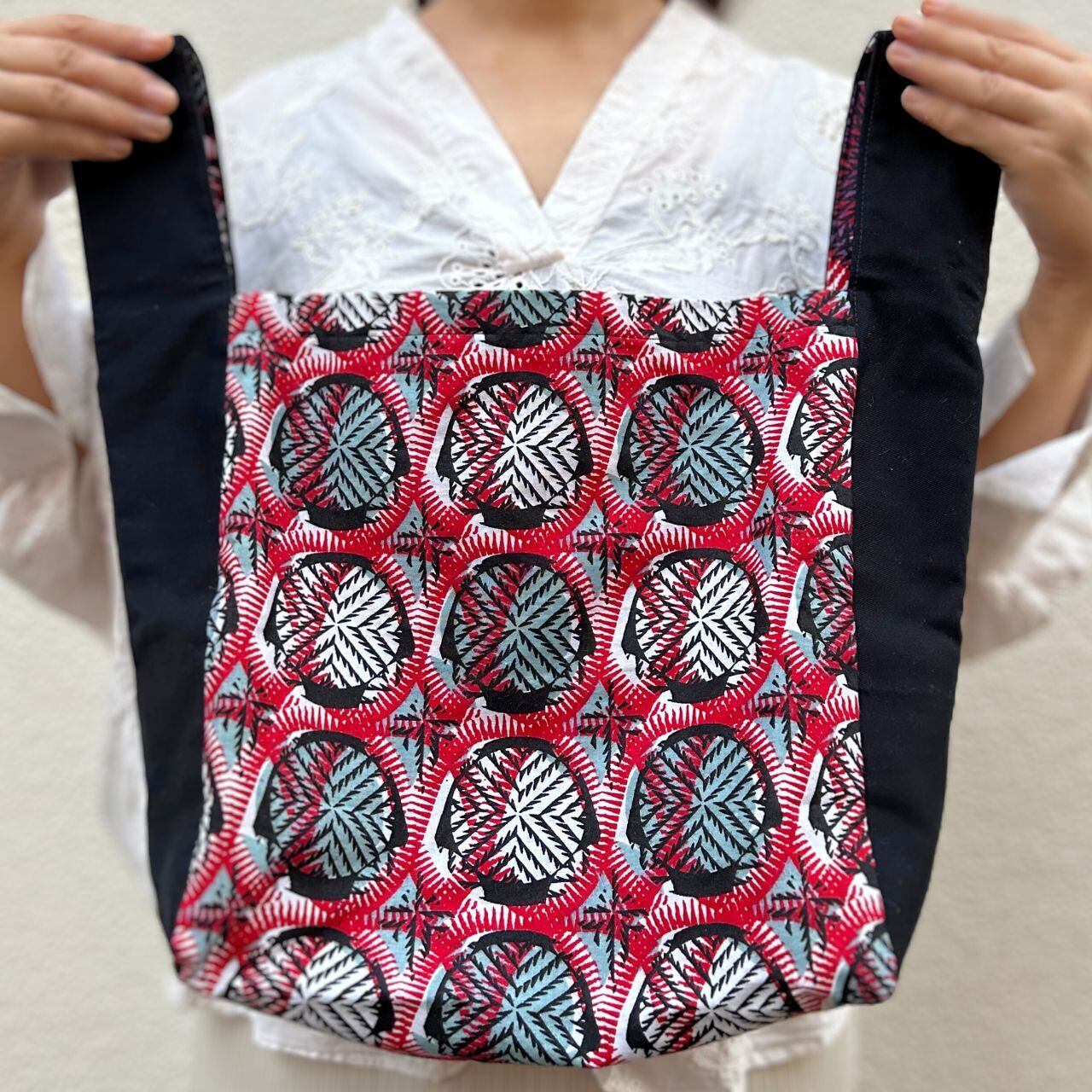 スクエアトートバッグ ネット スカイブルー レッド パープル x