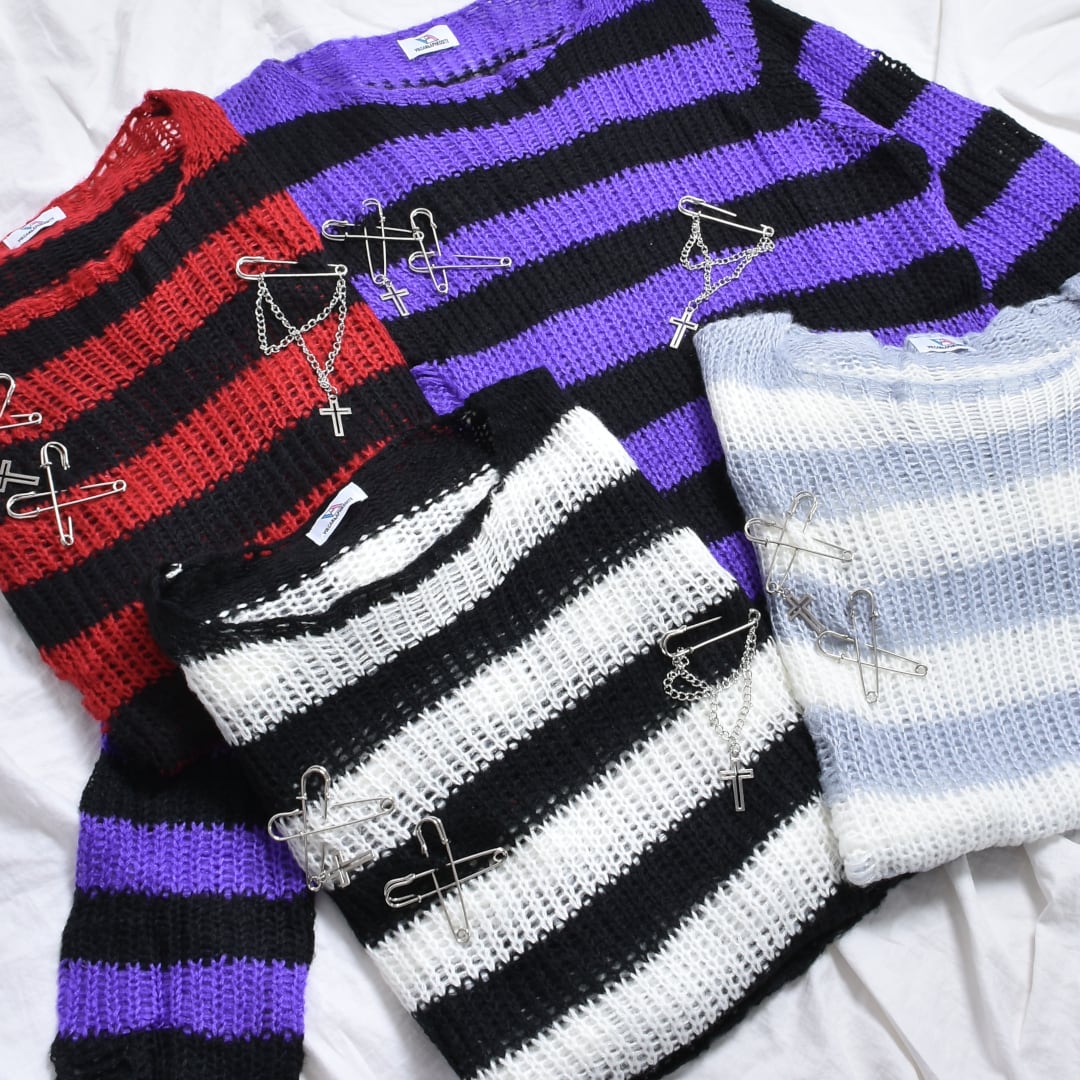 PIN付きダメージニット(ボーダー) | VOLCAN&APHRODITE