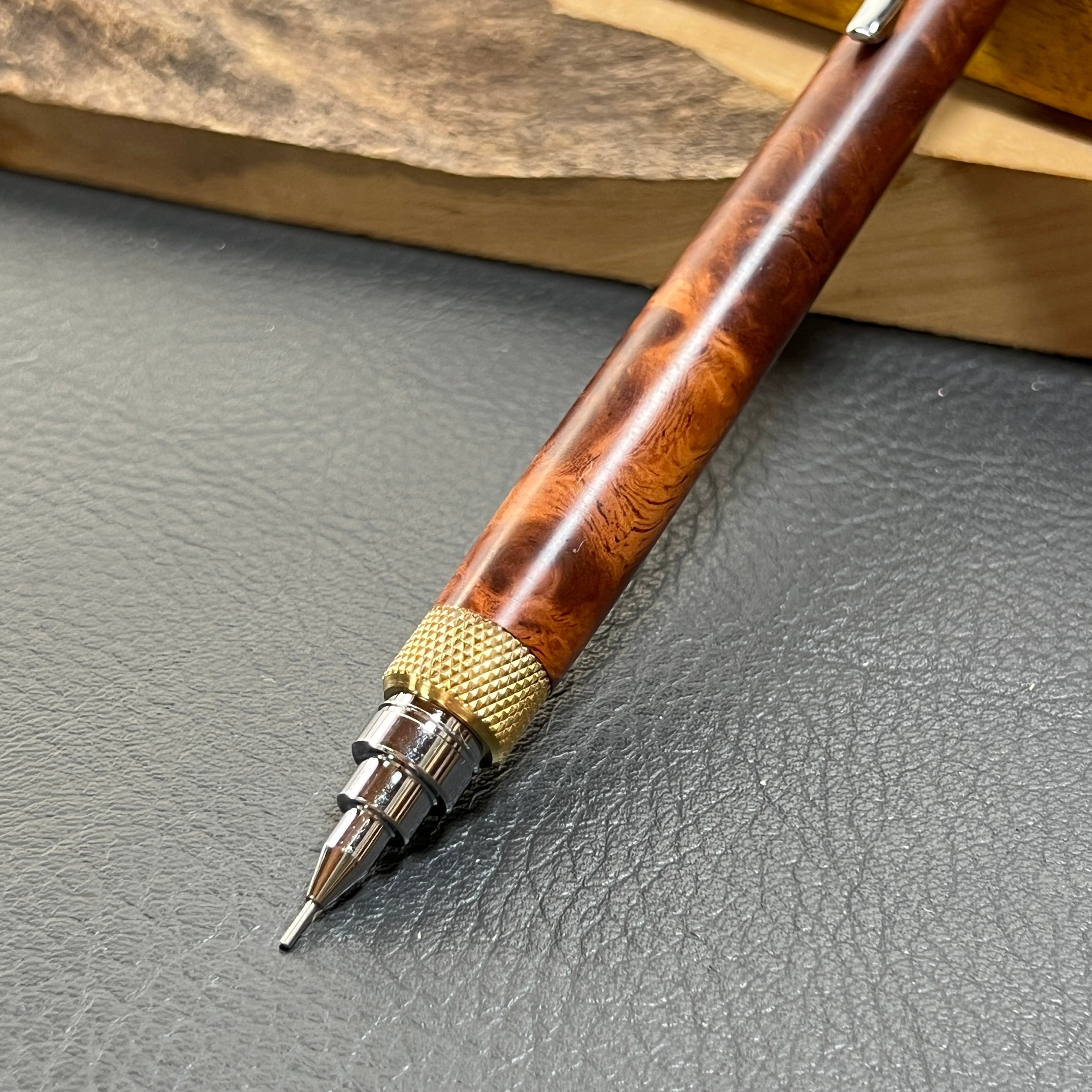 37花梨瘤源平柄濃色 木製シャーペン 最強低重心 ローレット 真鍮