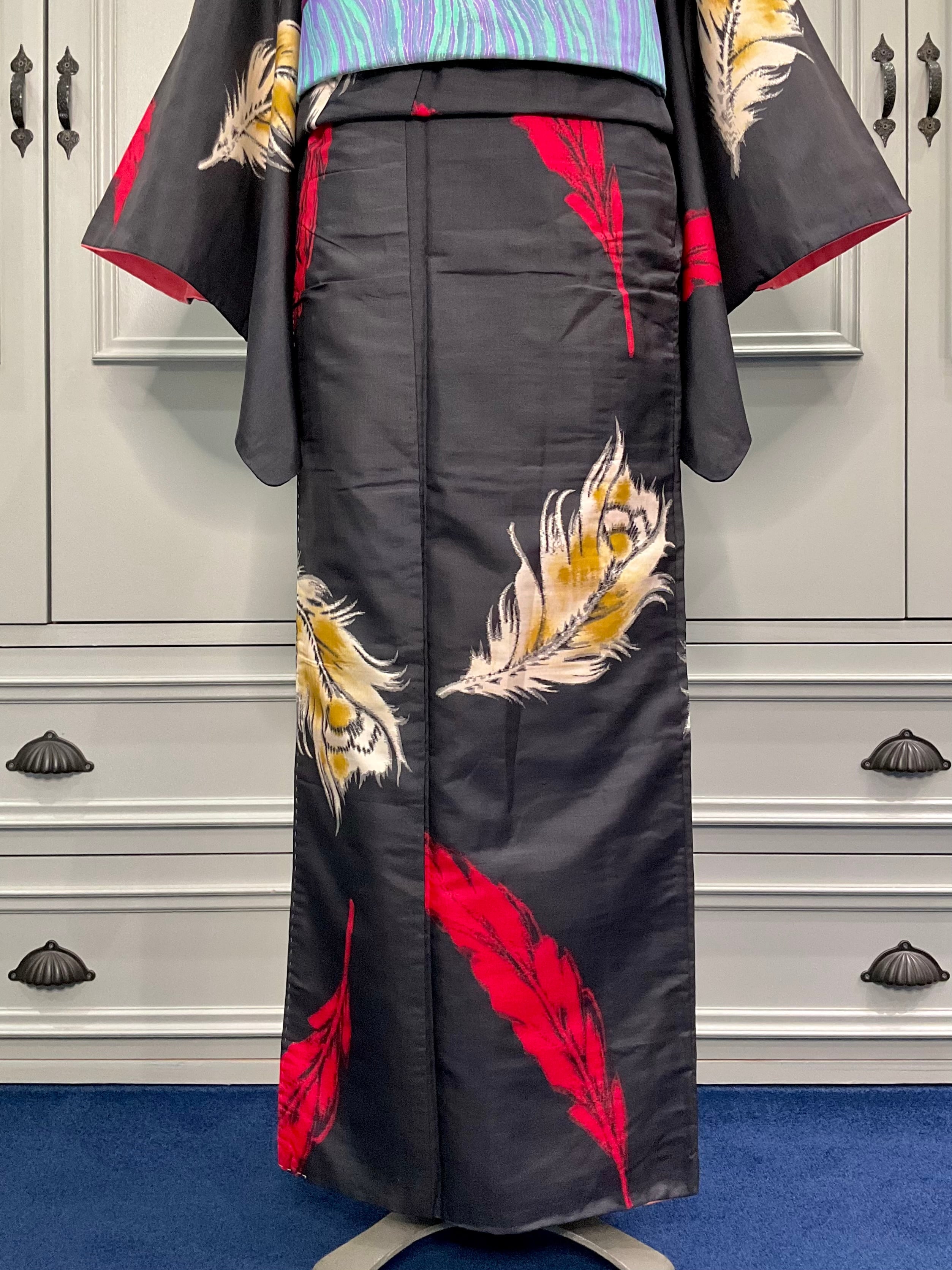 Peacock feather＊孔雀 クジャク 羽根 銘仙 黒 紅 赤レッド