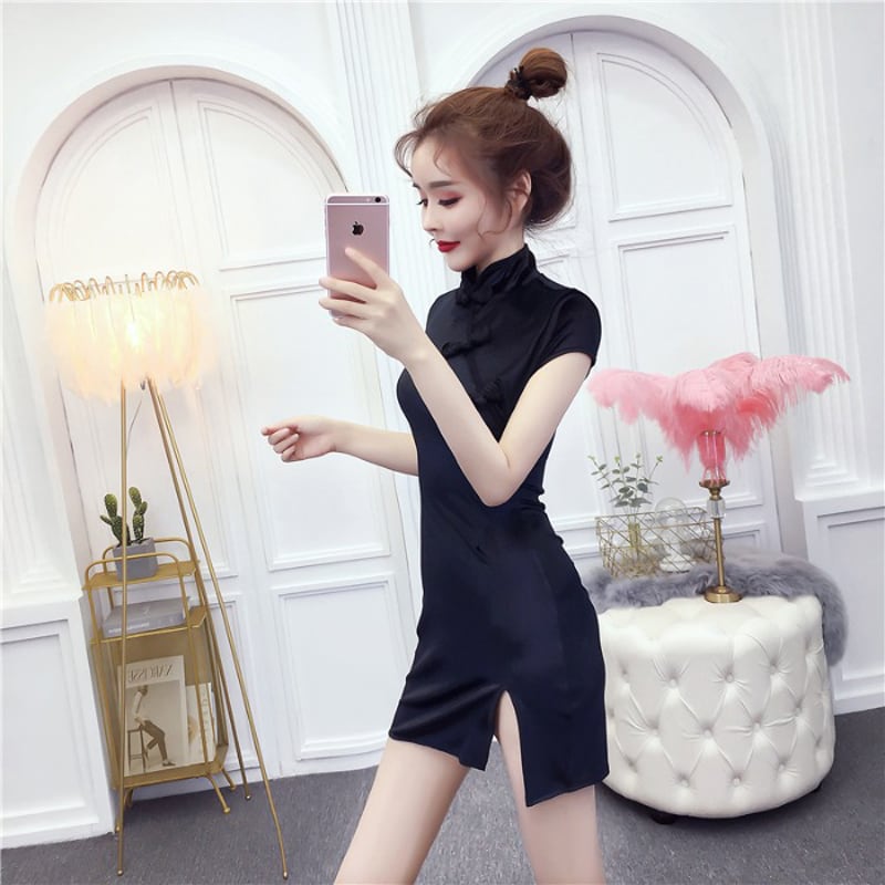 ミニチャイナドレス ワンピース 中華服 無地 S M L LL 着痩せ セクシー