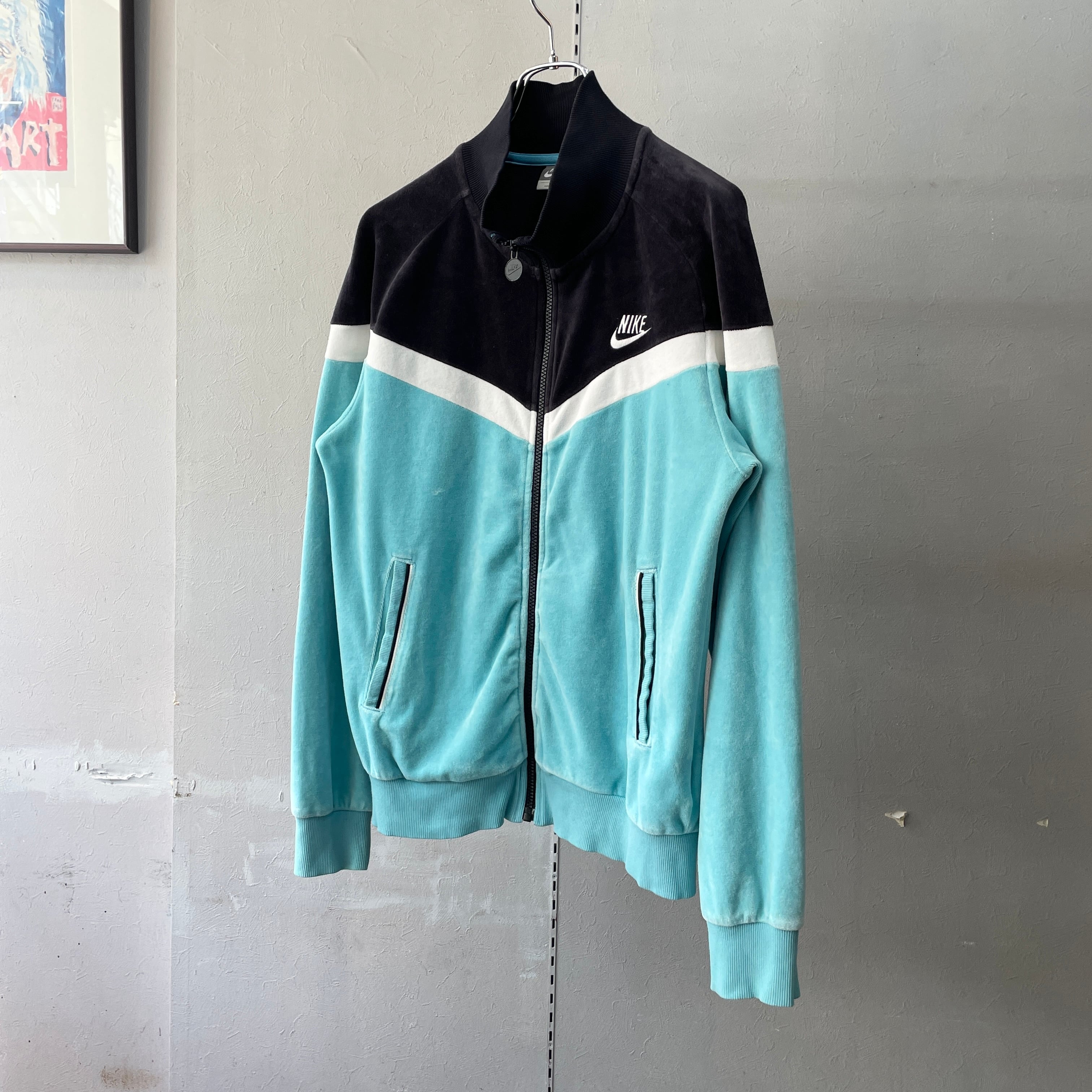 90s ナイキ ベロアトラックジャケット ブラック×ターコイズ M | 下北沢