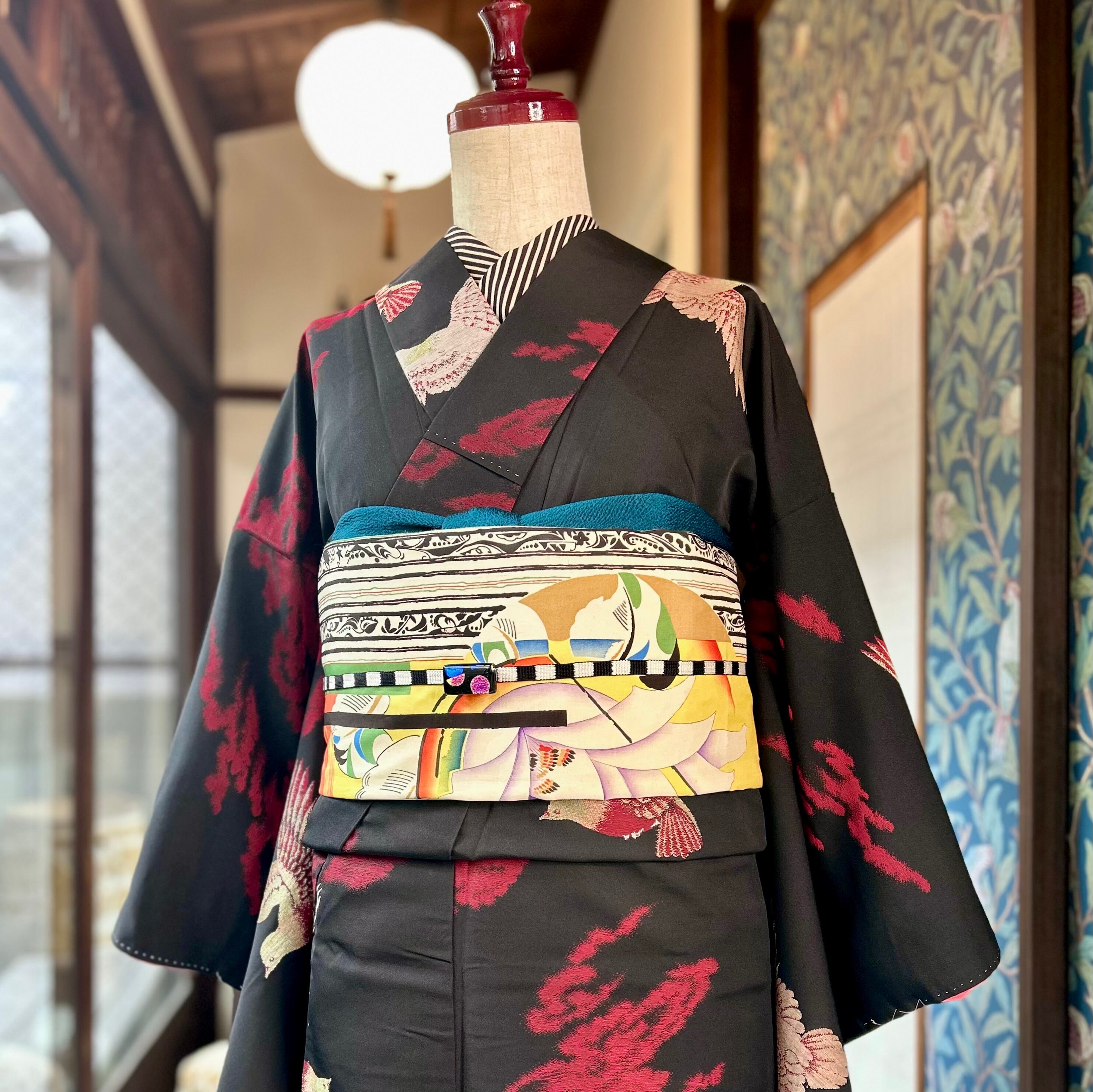 flower of the sun＊アールデコ 洋花 花 薔薇 染め帯 アンティーク昼夜