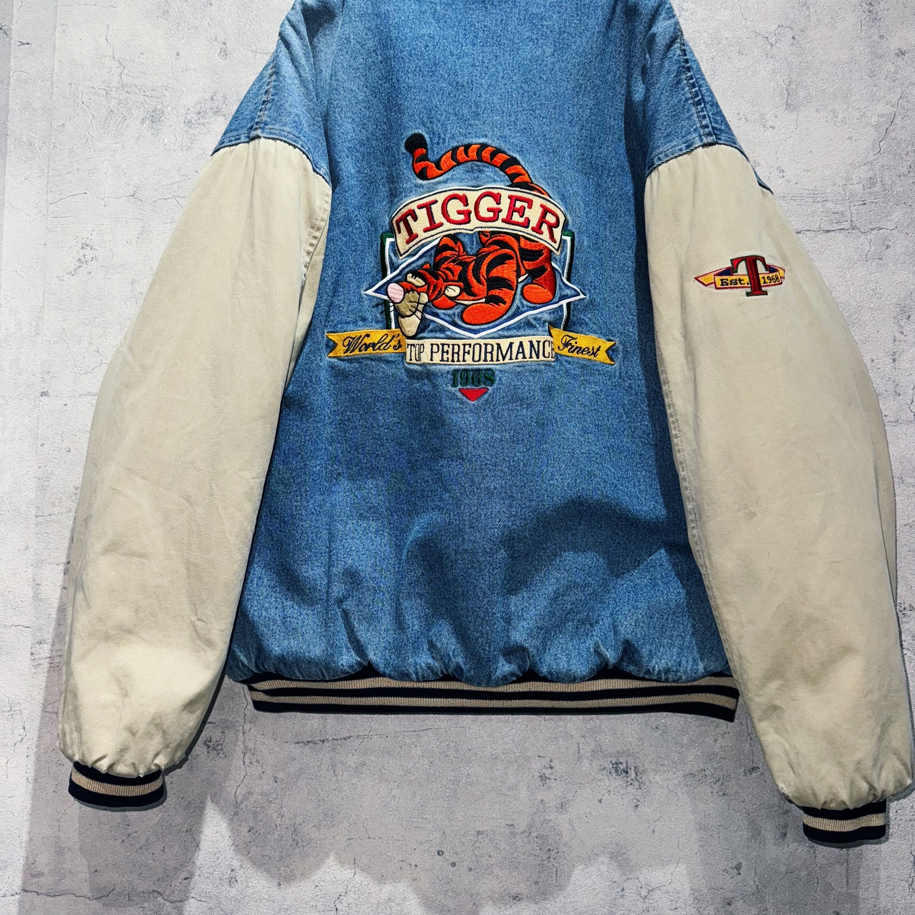 90's”Disney”TIGGER embroidery design denim varsity jacket | ayne