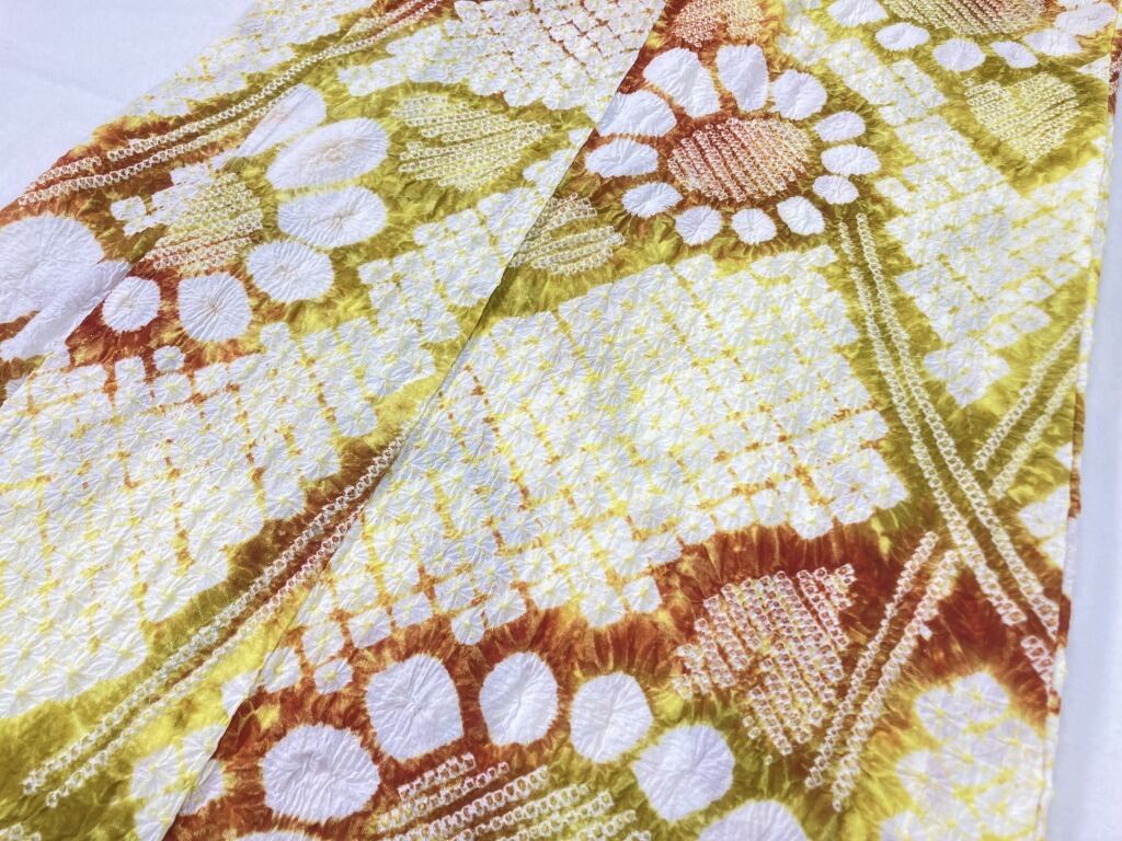 有松絞り【浴衣】向日葵 夏着物 綿 有松鳴海絞り 黄色 黄緑 茶 白 091