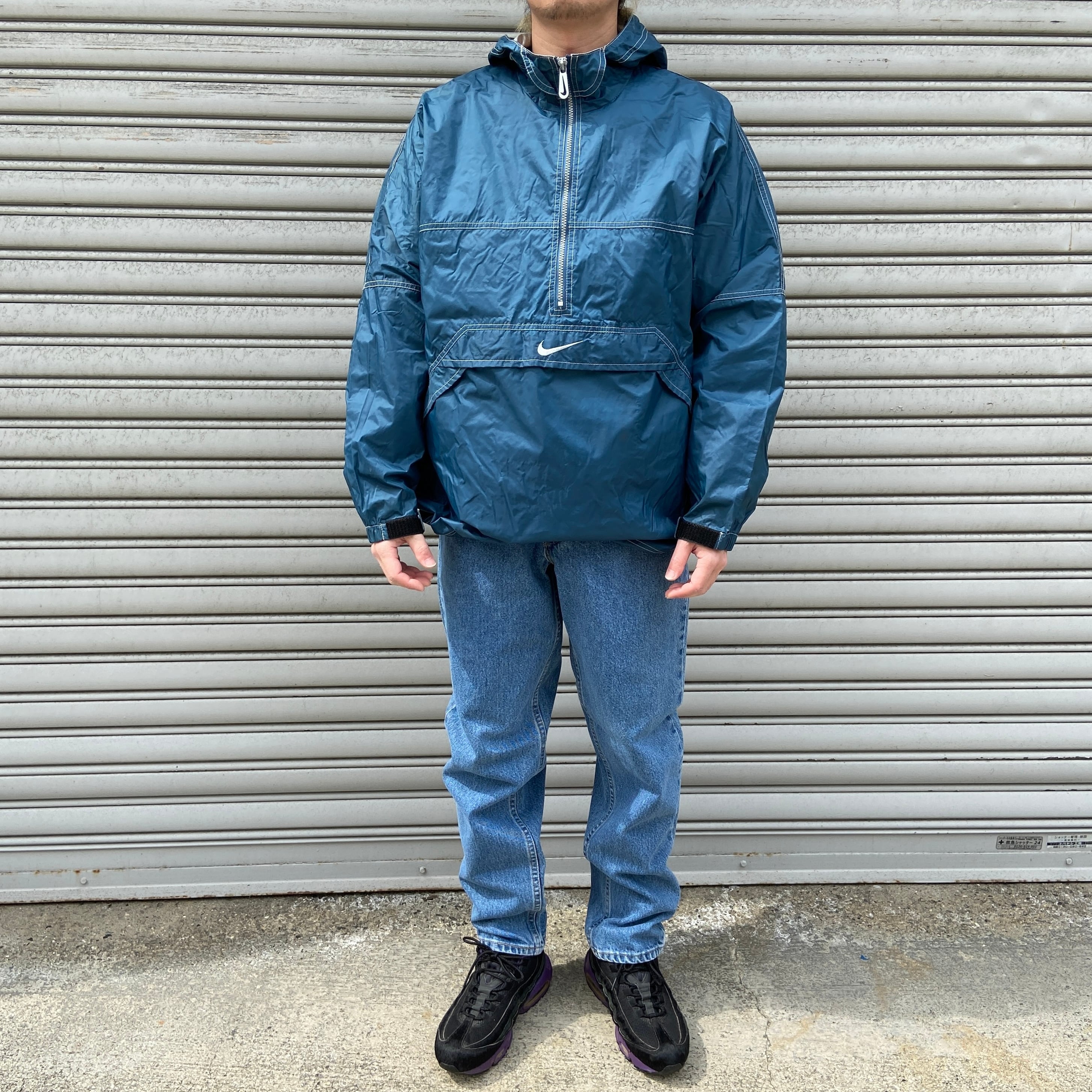 90s NIKE アノラックパーカー ビッグロゴ ゴツナイキブルー系 M | 古着