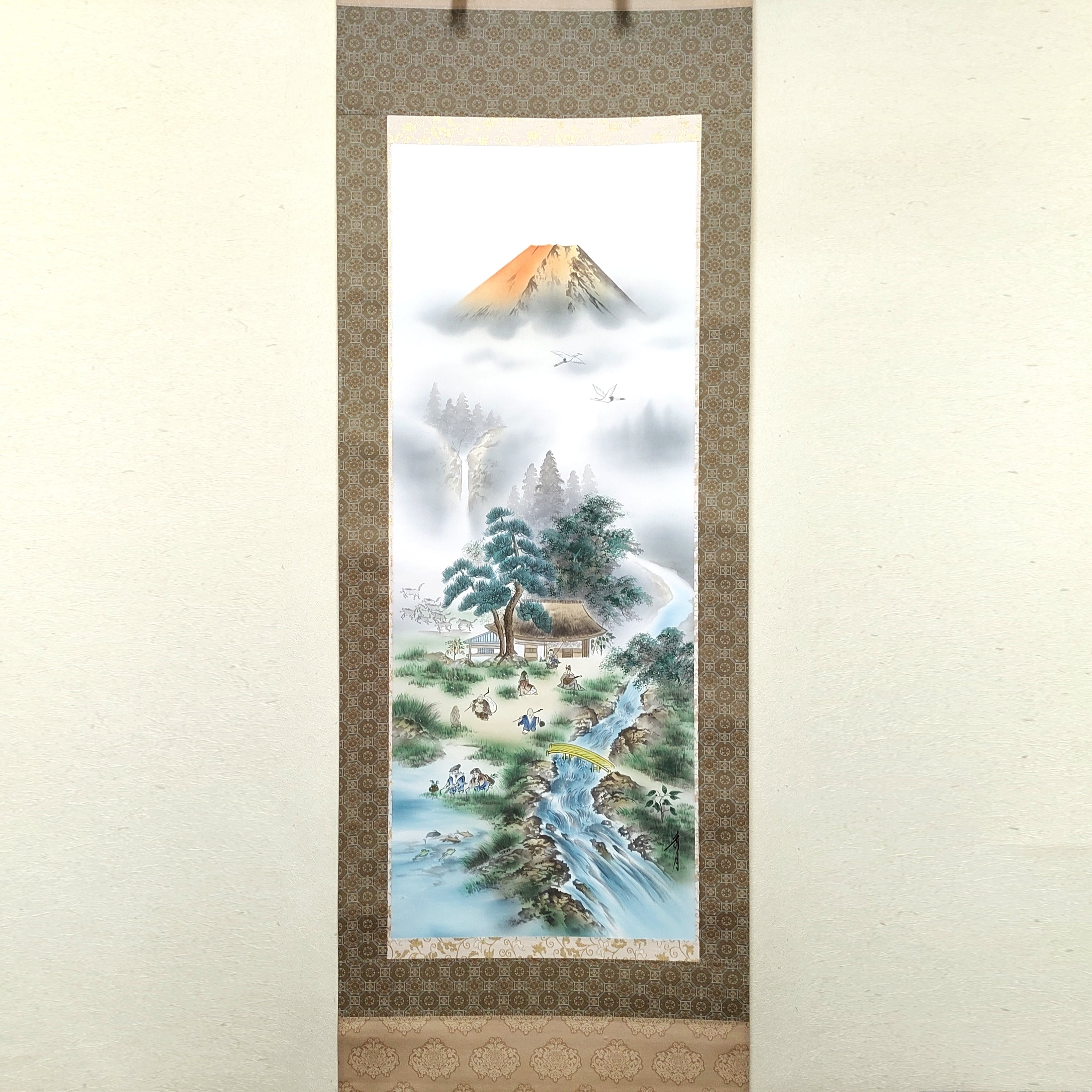 真作/紘/水墨/山水図/桐共箱付/布袋屋掛軸HB-885 真作/有明/彩色山水図