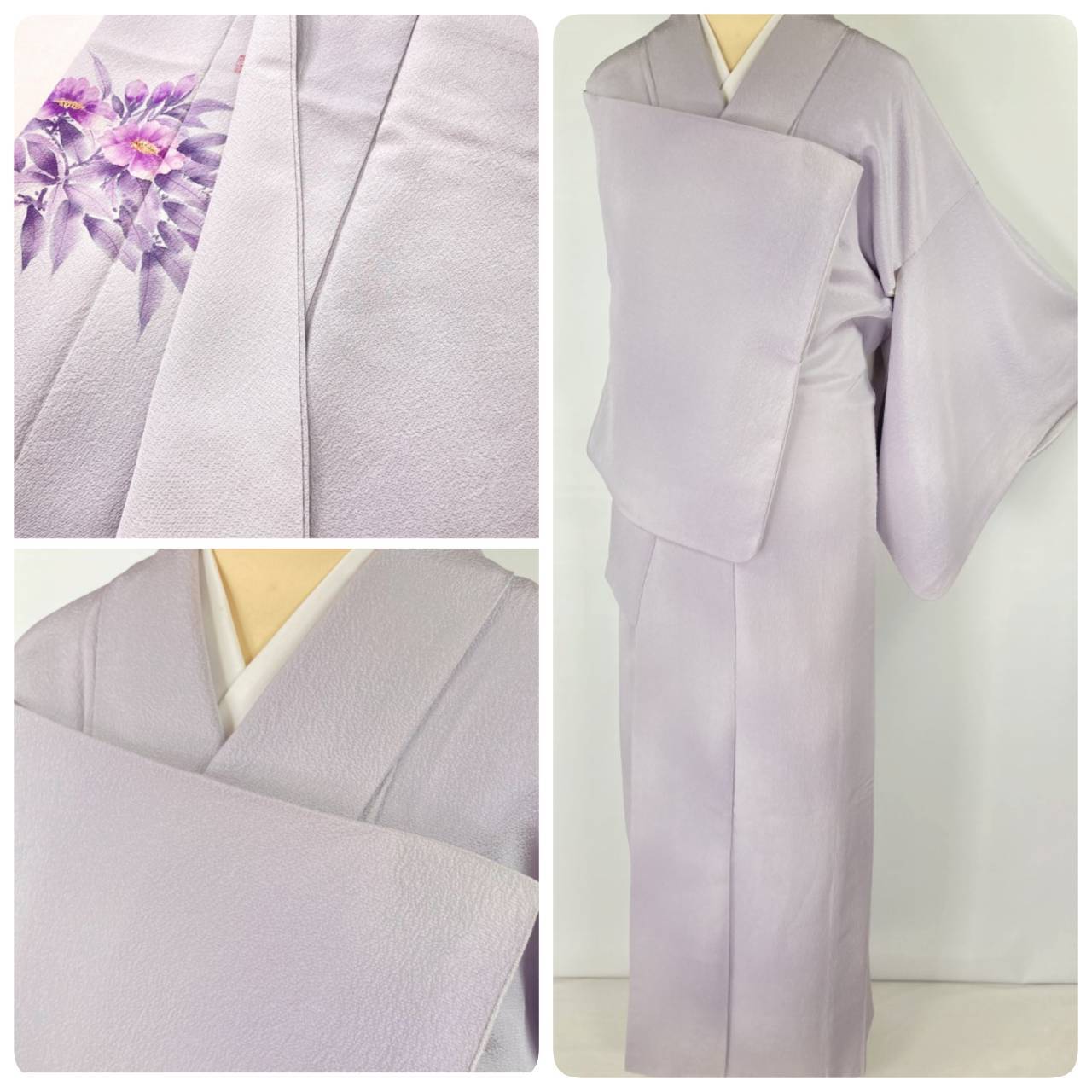 二代目清次郎 色無地 手描き友禅 椿 袷 正絹 一つ紋 紫 淡藤色 1257