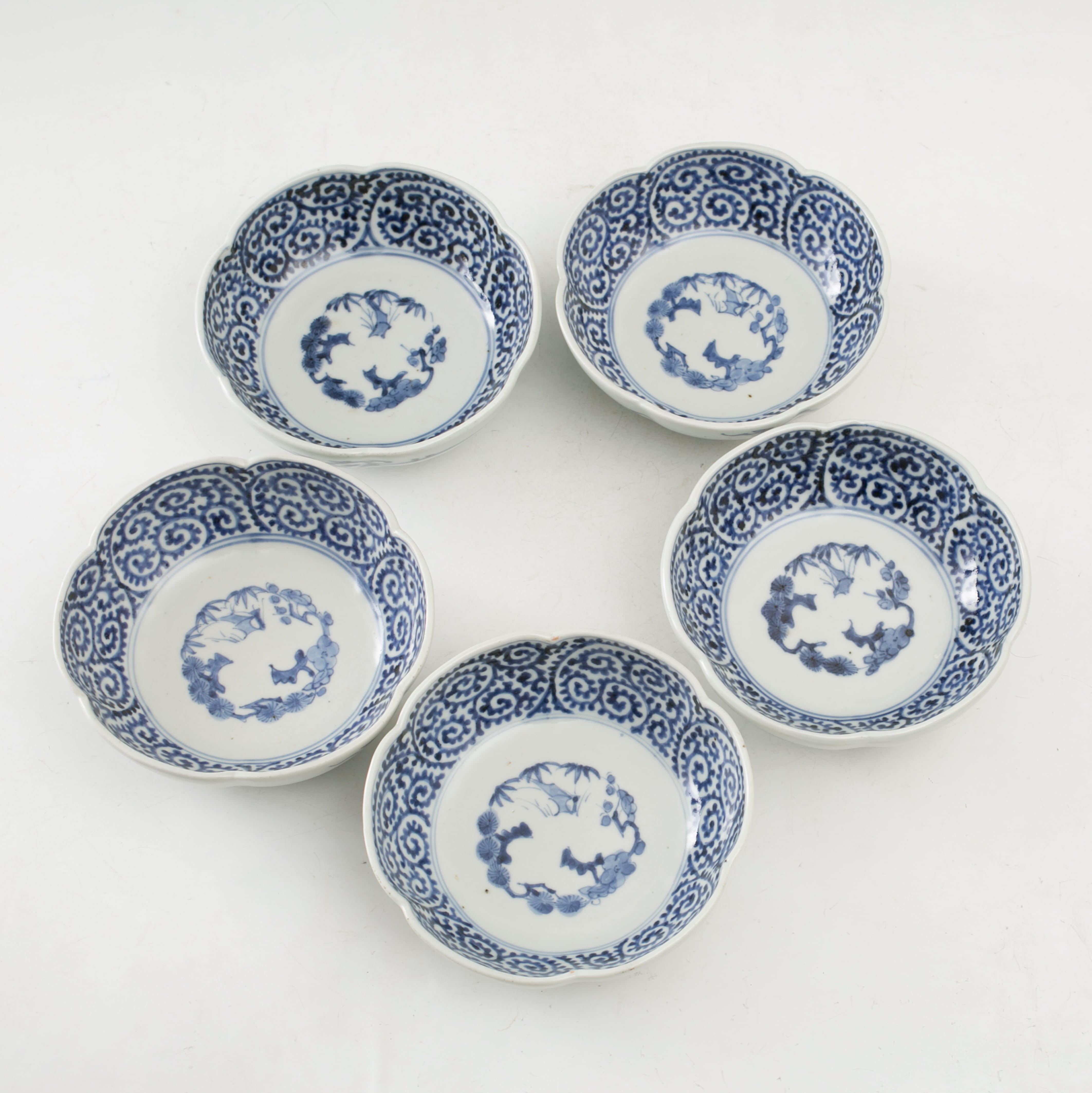 古伊万里 染付 蛸唐草 膾皿 五枚組 なます皿 見込み松竹梅 二重角福 渦