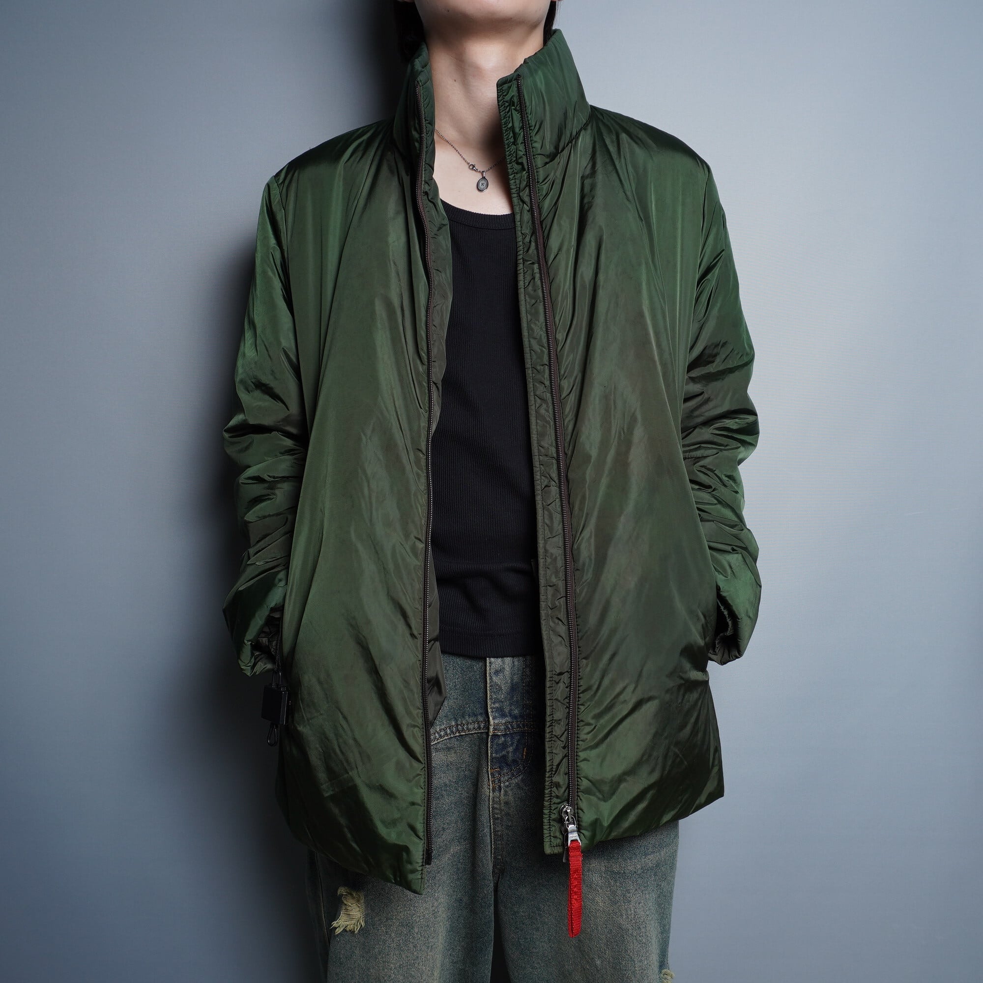 PRADA】プラダ 中綿入り ハイネックロングナイロンジャケット Khaki