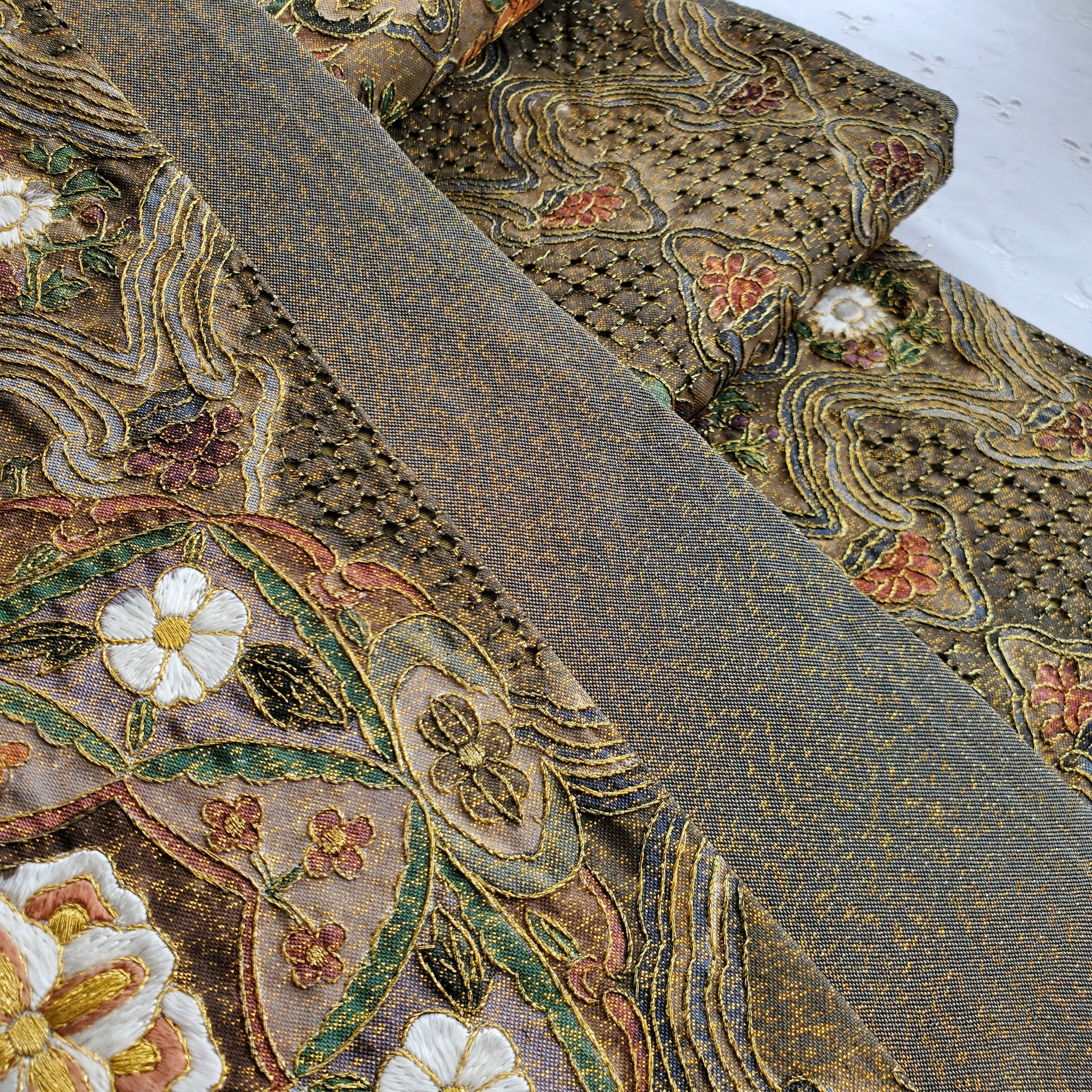 正絹 六通袋帯 汕頭 中国伝統刺繍汕頭刺繍 正倉院華紋 金糸