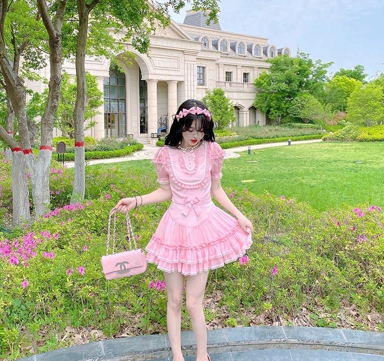 ワンピース ピンク 水色 黄色 デコレーション ブラウス 白 リボン