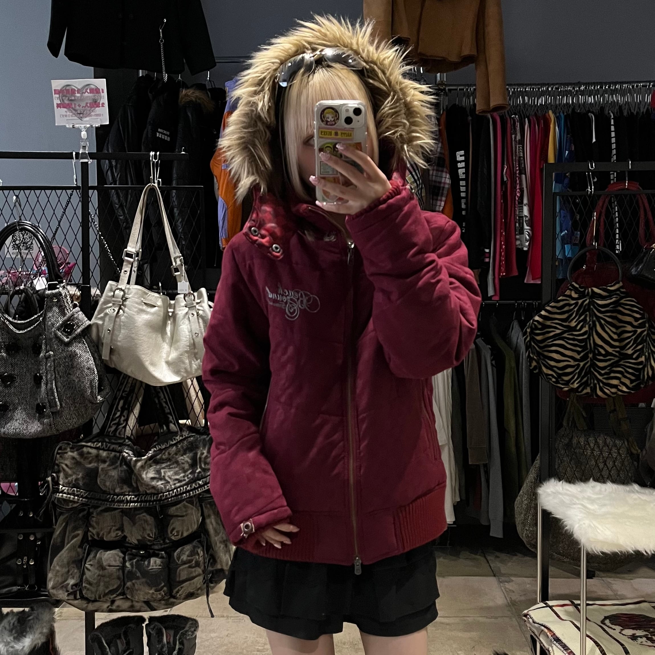 Y2K グランジ ファーダウンジャケット 英文字 | 古着屋 PINK