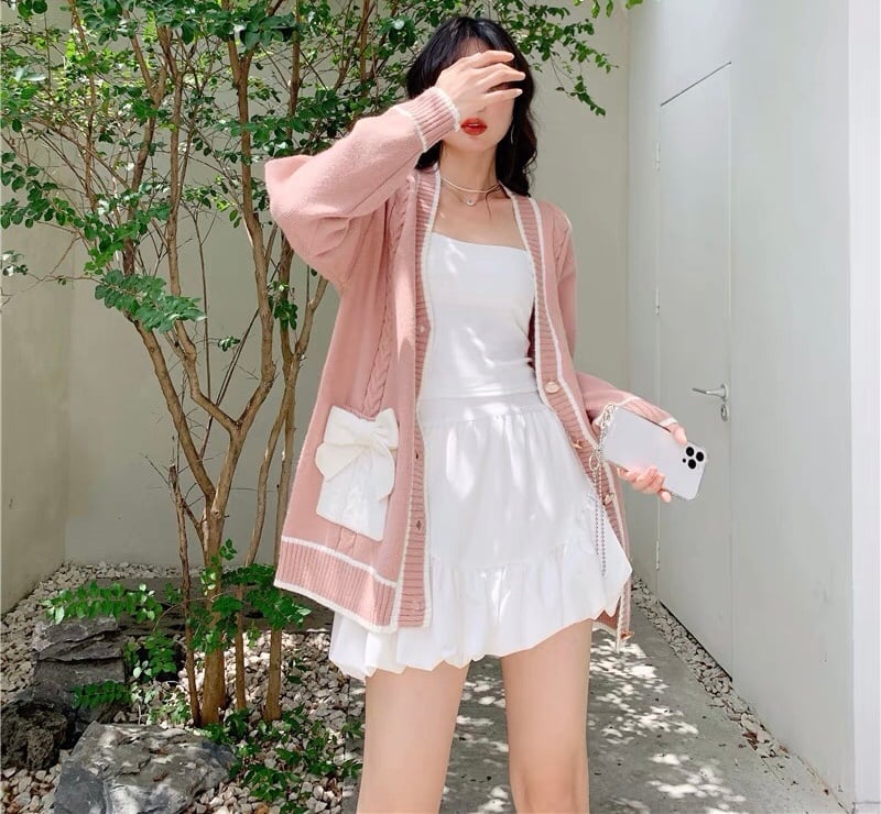 2カラー】ピンク 白 リボン カーディガン | LOVEYsmileSHOP