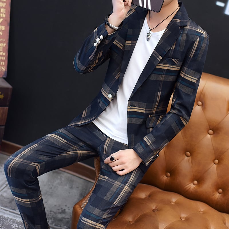 予約販売】メンズ スーツ チェック柄 ネイビー レッド シック スリム