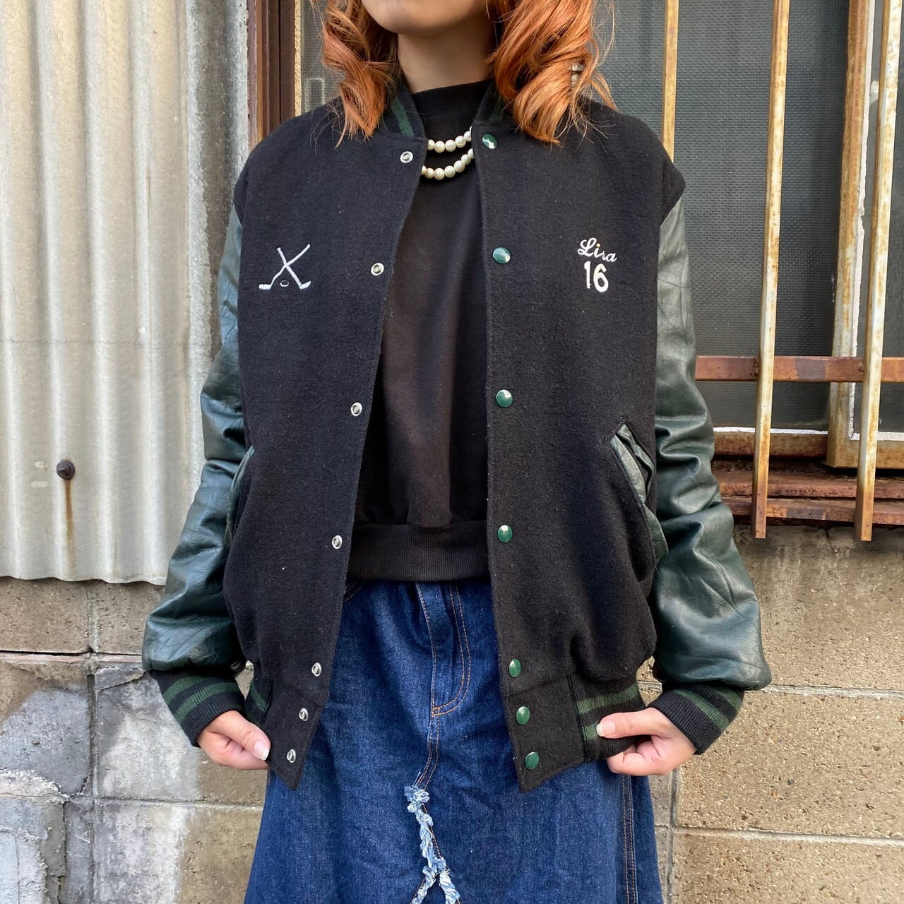 80年代 USA製 Holloway 袖レザー ウールスタジャン チェーン刺繍